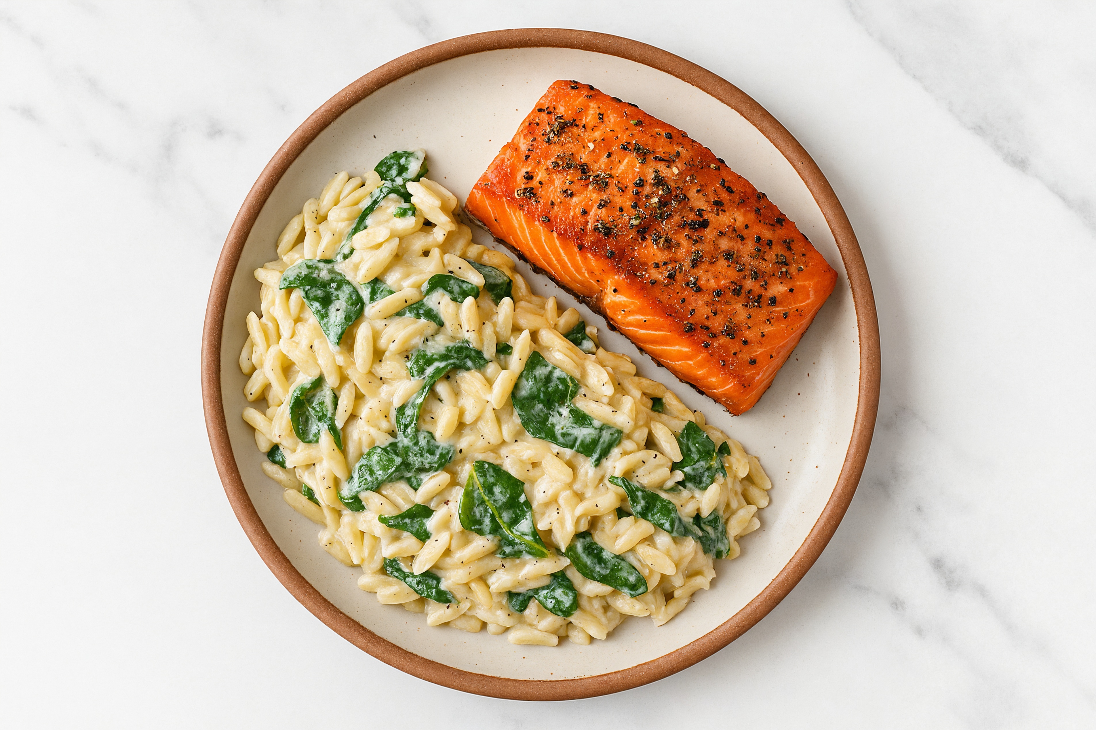 Seared Wild Salmon + Herby Orzo with Baby Spinach