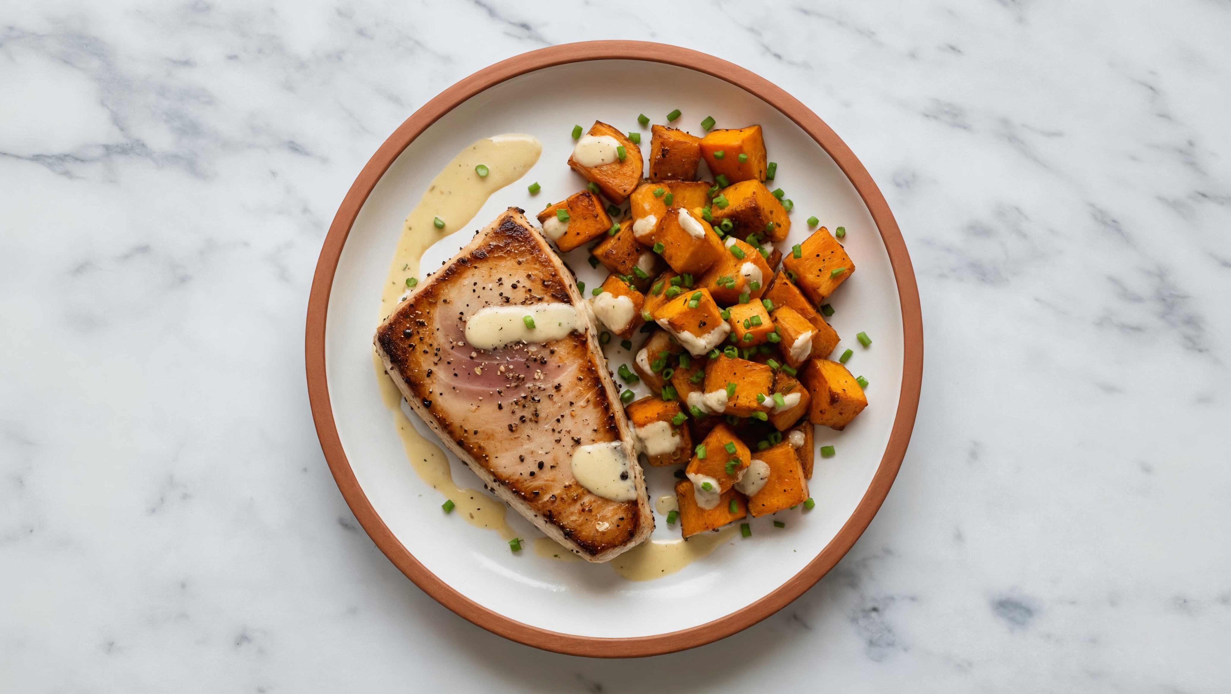 Seared Caesar Tuna + Chive Roasted Sweet Potatoes