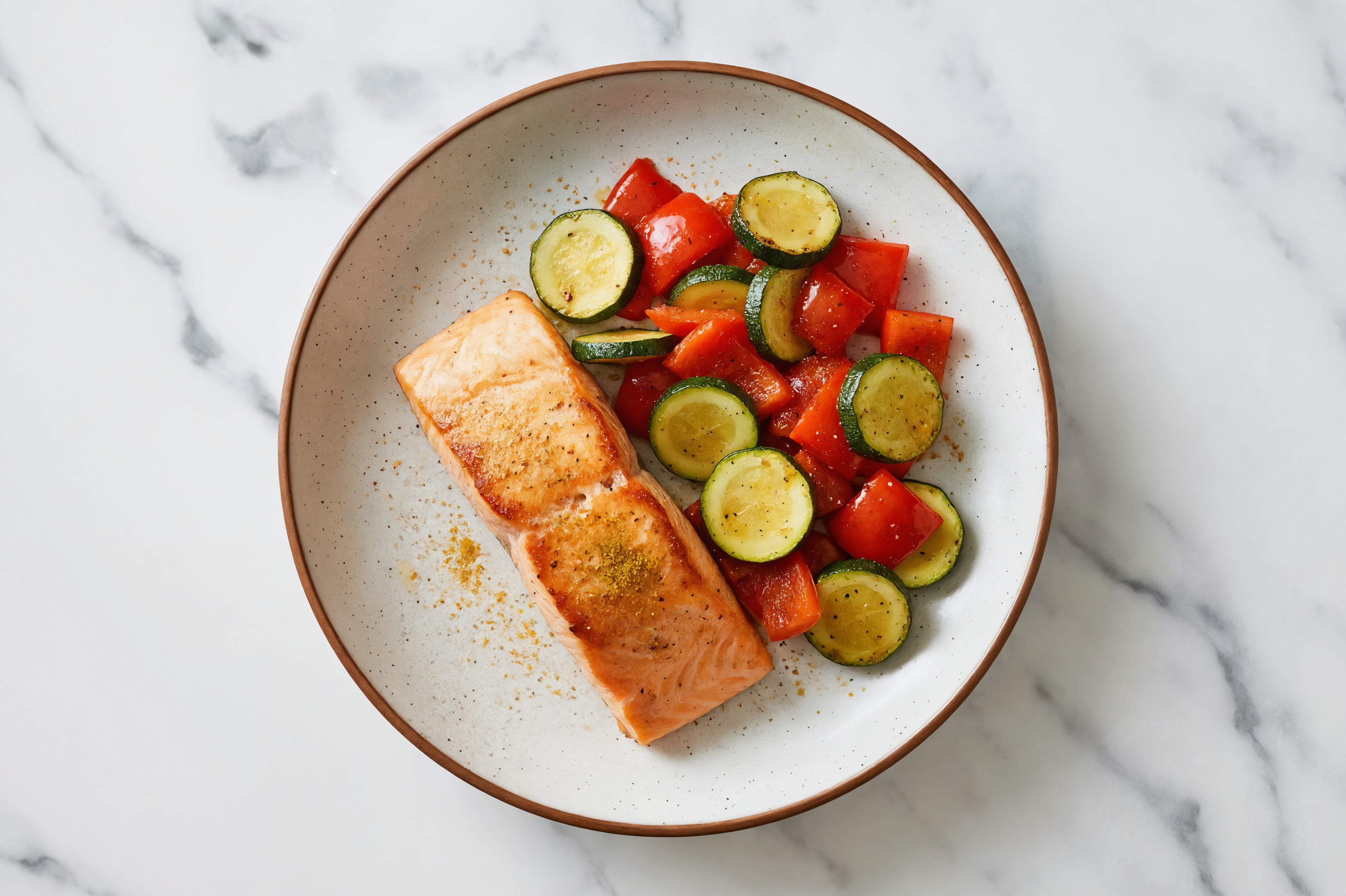 Curry Sockeye Salmon with Sautéed Organic Peppers + Zucchini
