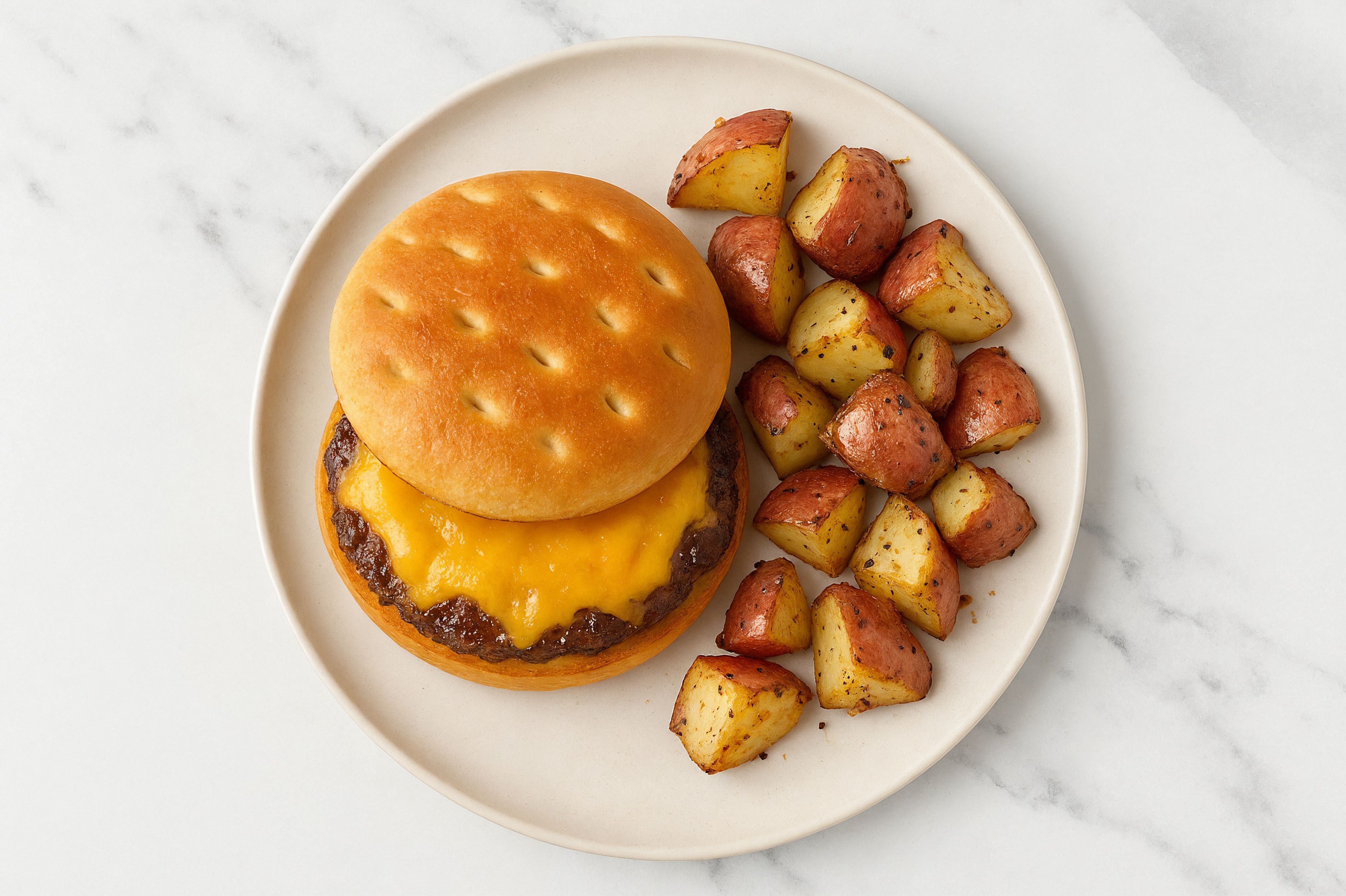 Cheesy Wagyu Beef Burger + Red Potatoes with Shredded Sharp Cheddar Cheese