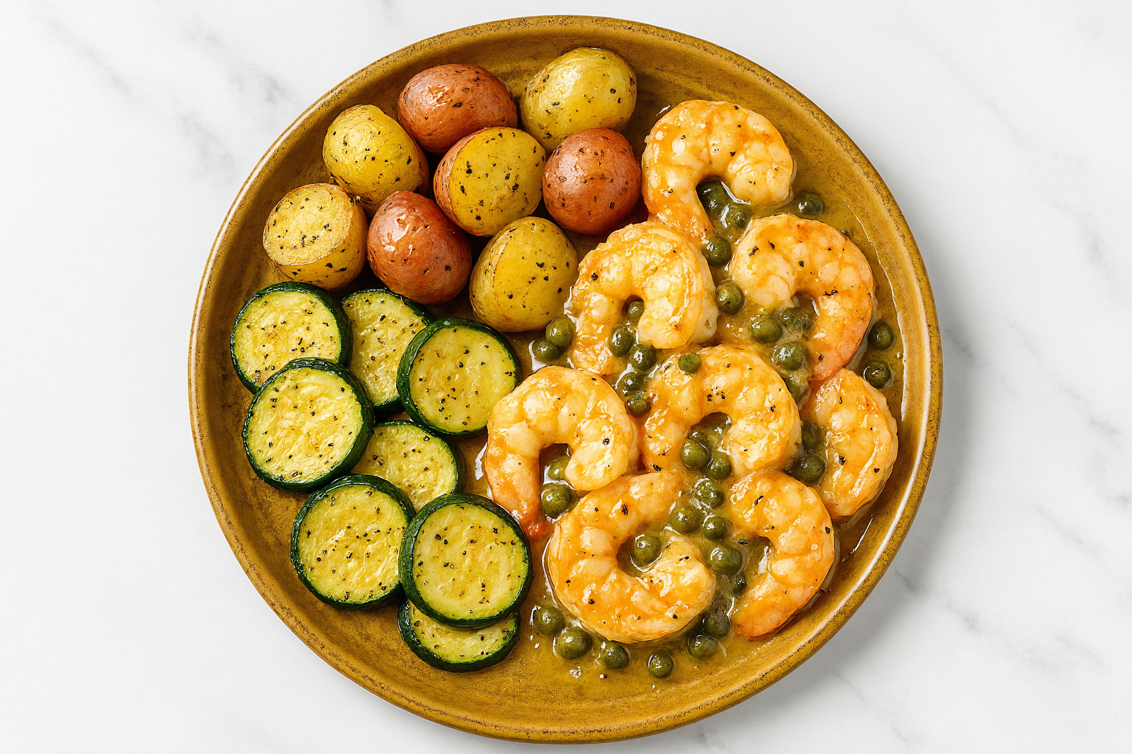 Caper-Slow Churned Pasture Butter Shrimp with Creamer Potatoes & Zucchini