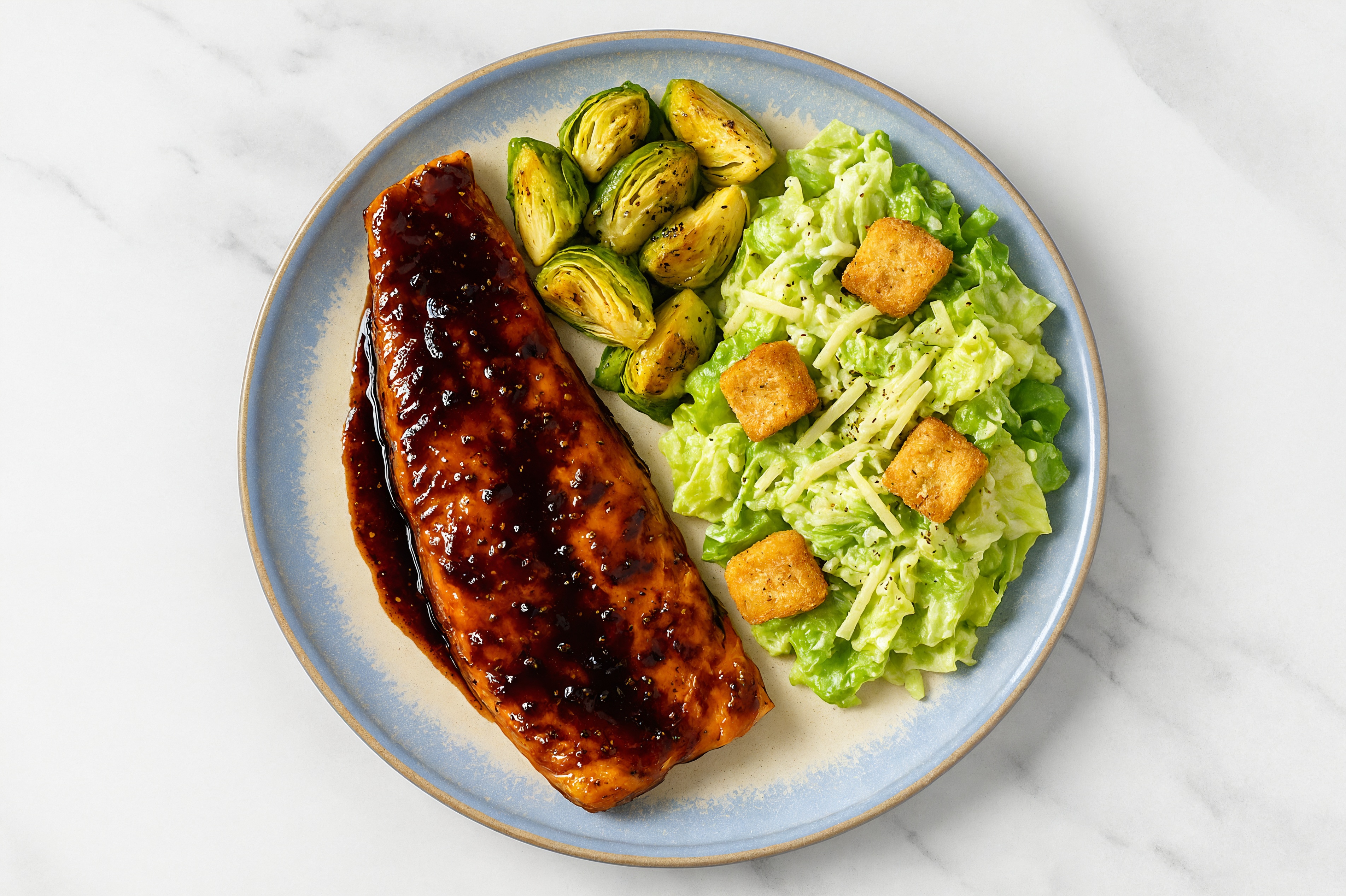 Teriyaki Sheet Pan Trout & Brussels Sprouts with Caesar Salad