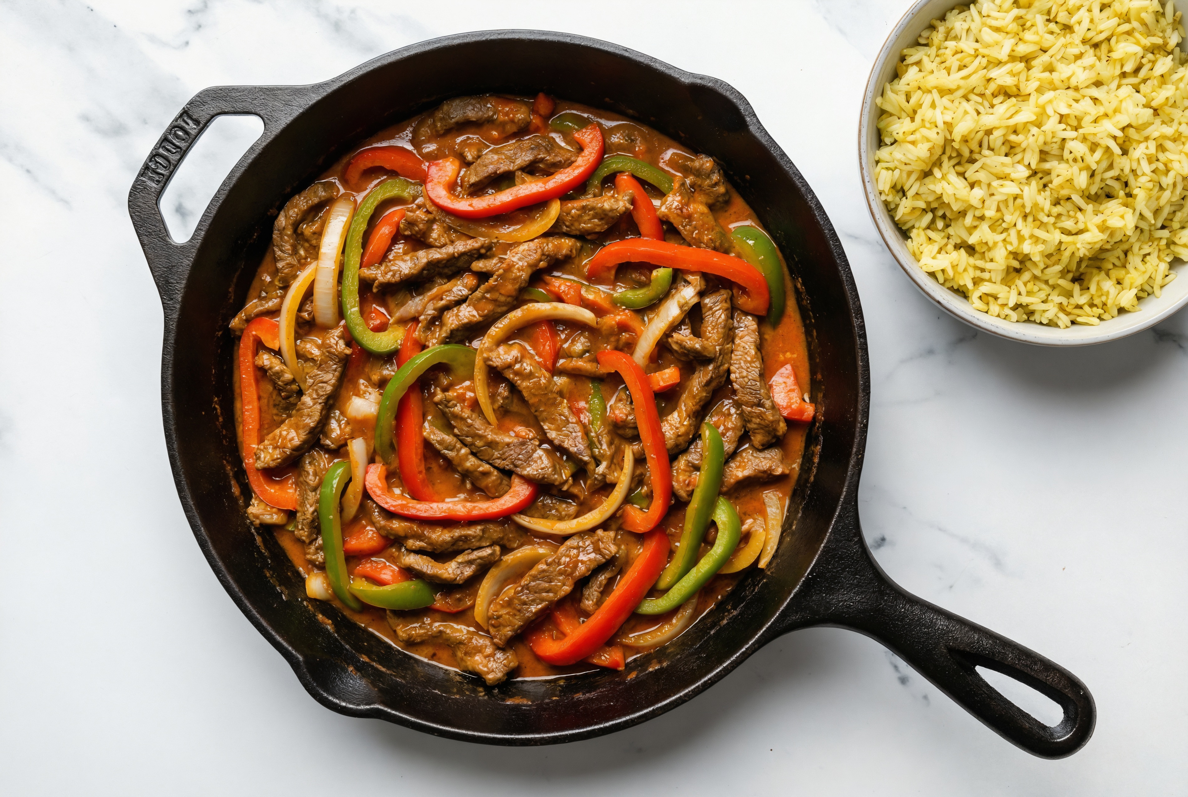 Tikka Masala Beef Strip Stir-Fry with Bell Peppers over Jasmine Rice