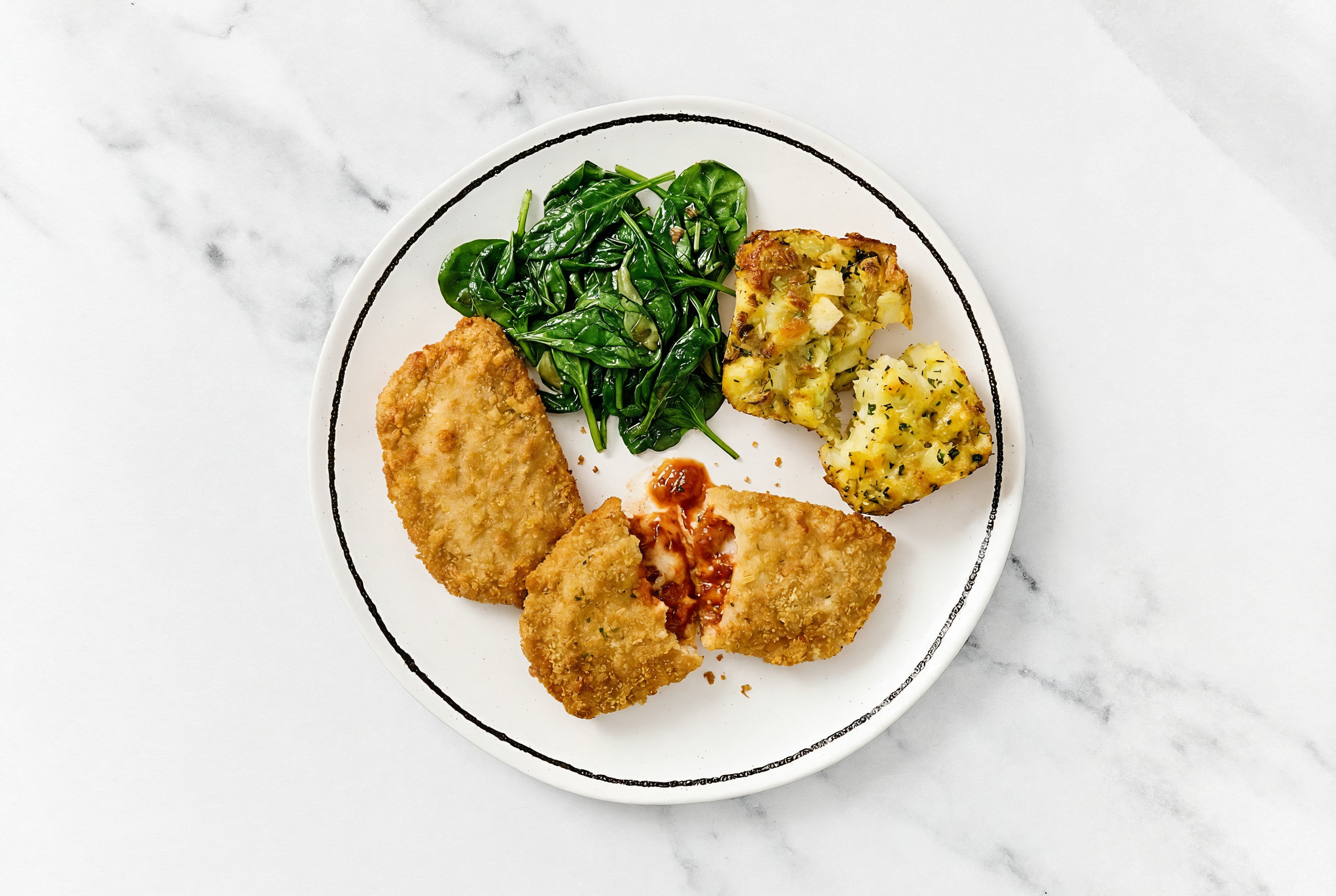 "Chicken" Parm with Baby Spinach & Potato Bake