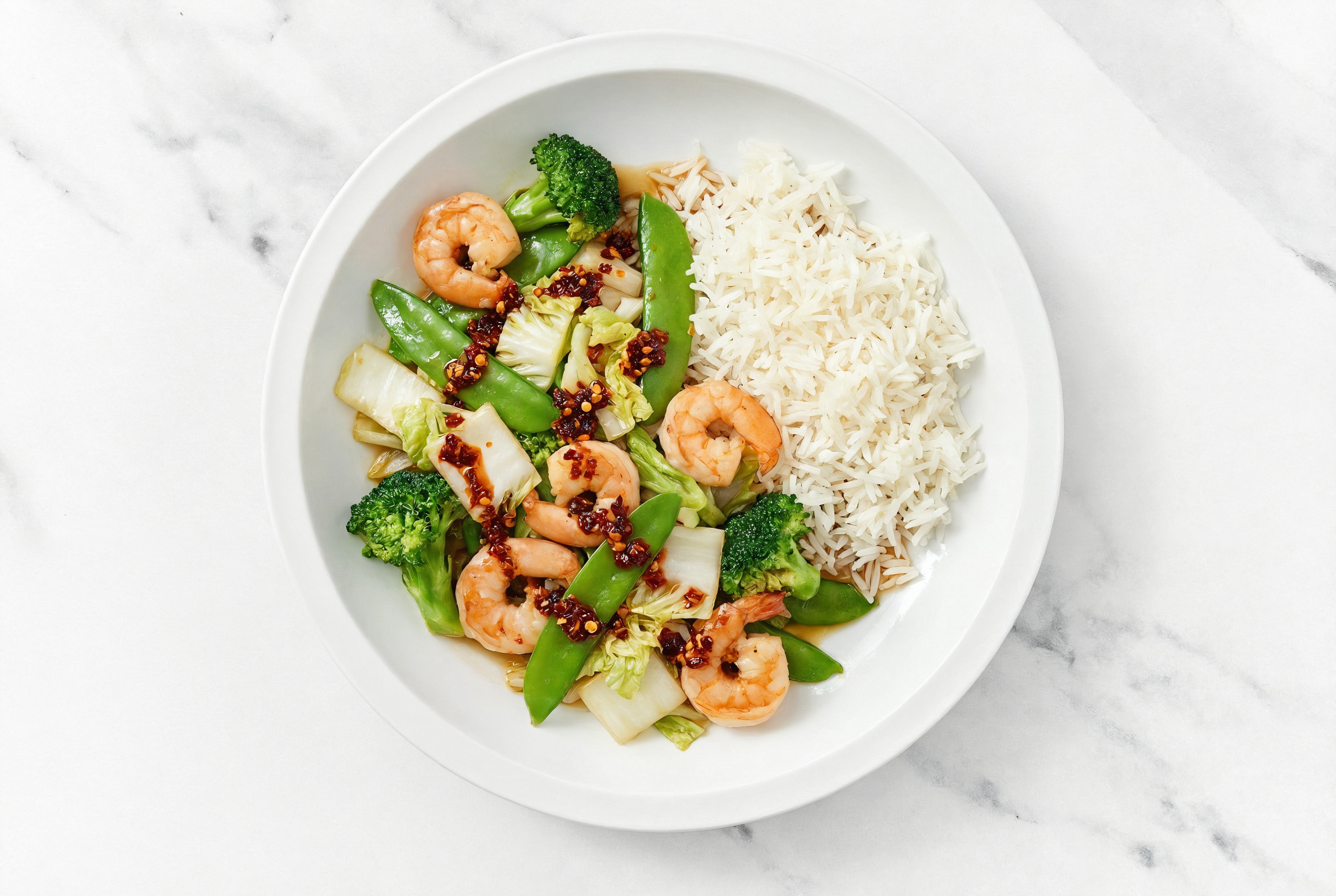 Chili Crisp Shrimp Over Long Grain White Rice