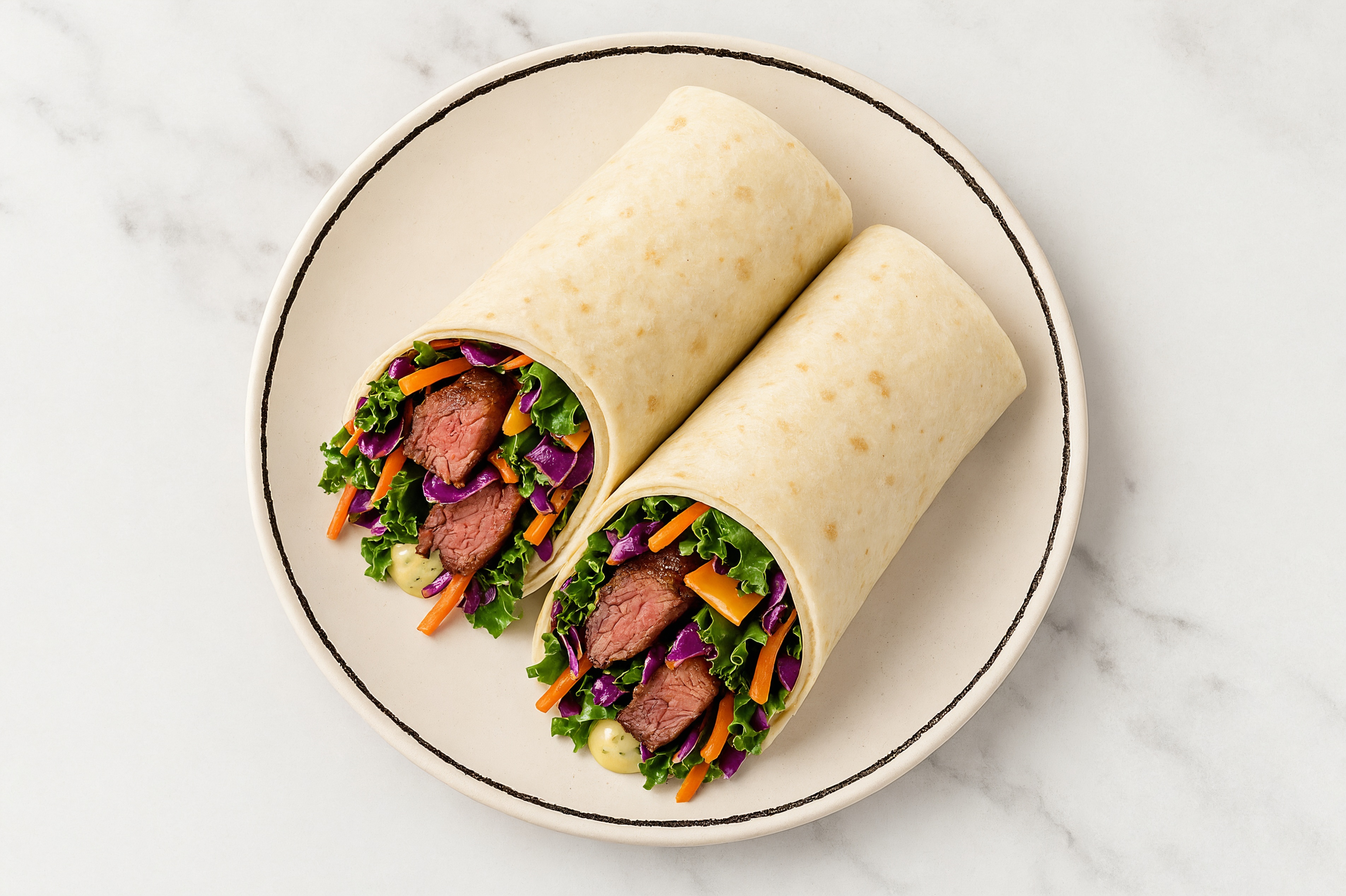 Herby Sliced Steak + Cheddar Wraps with Rainbow Veggies