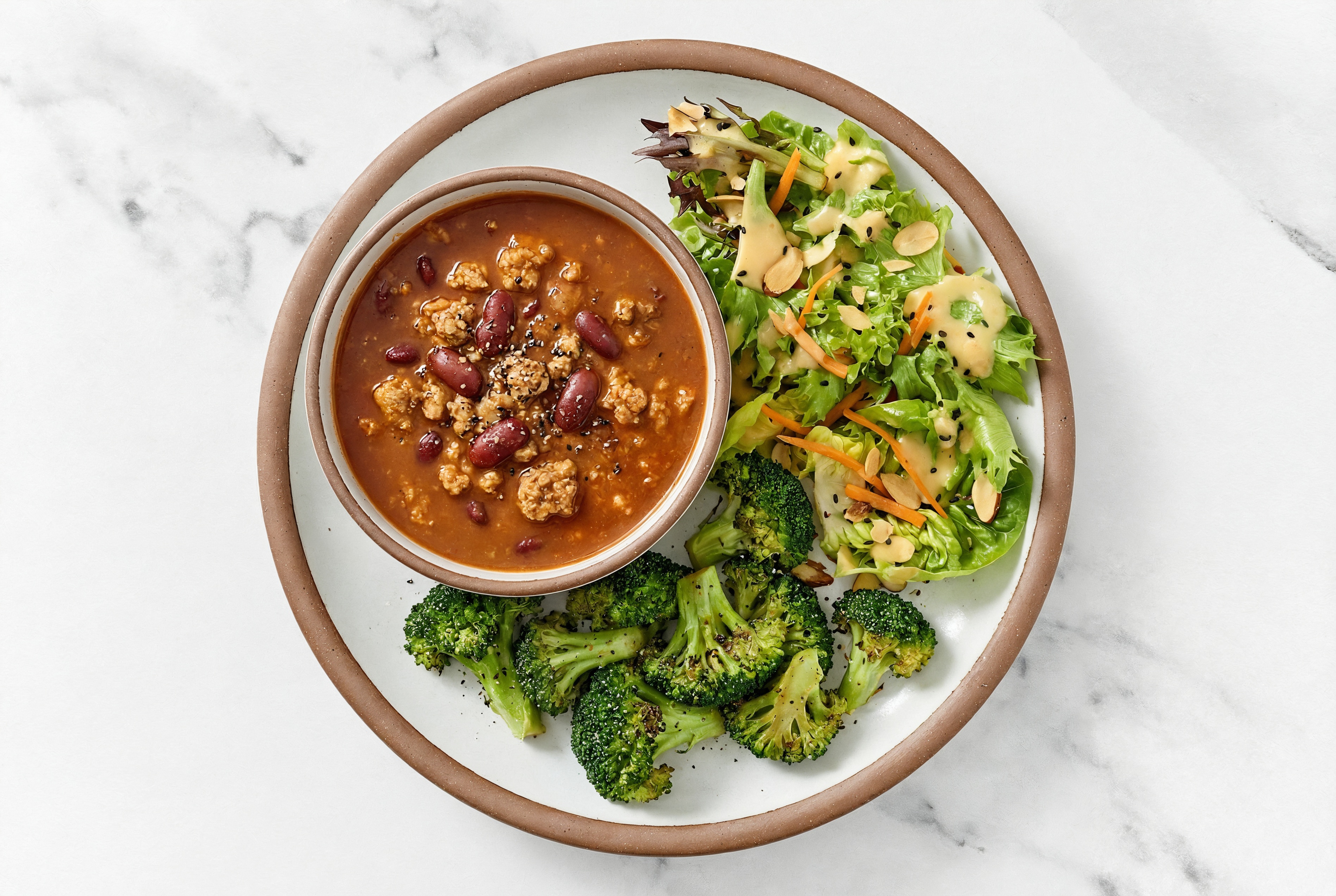 Southwest Turkey Chili with Broccoli + Little Gem Salad