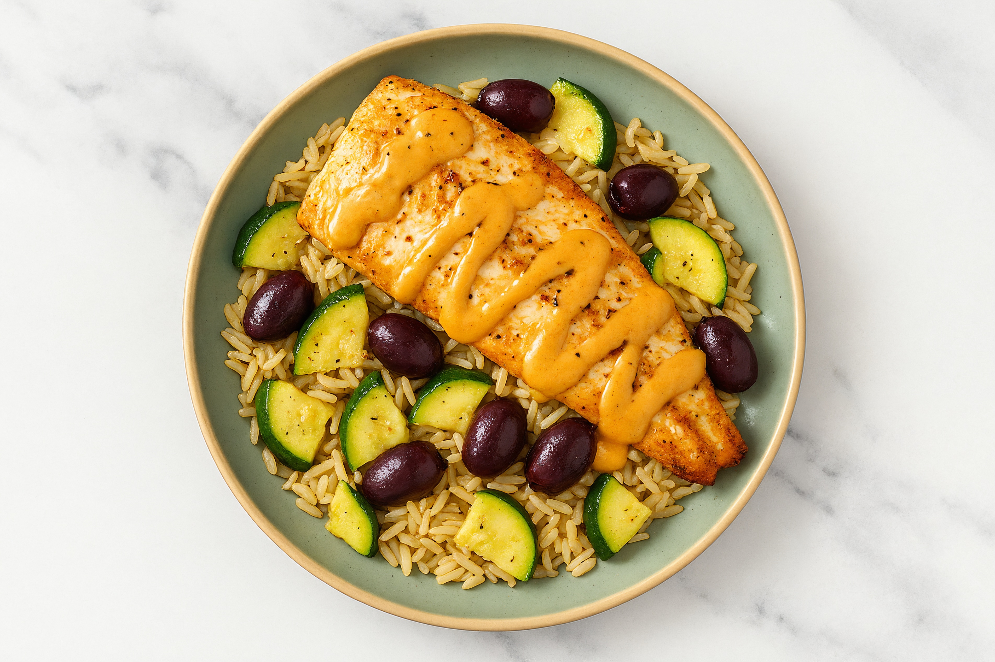 Mediterranean Trout Grain Bowl with Garlicky Smoky BBQ Dipping Sauce