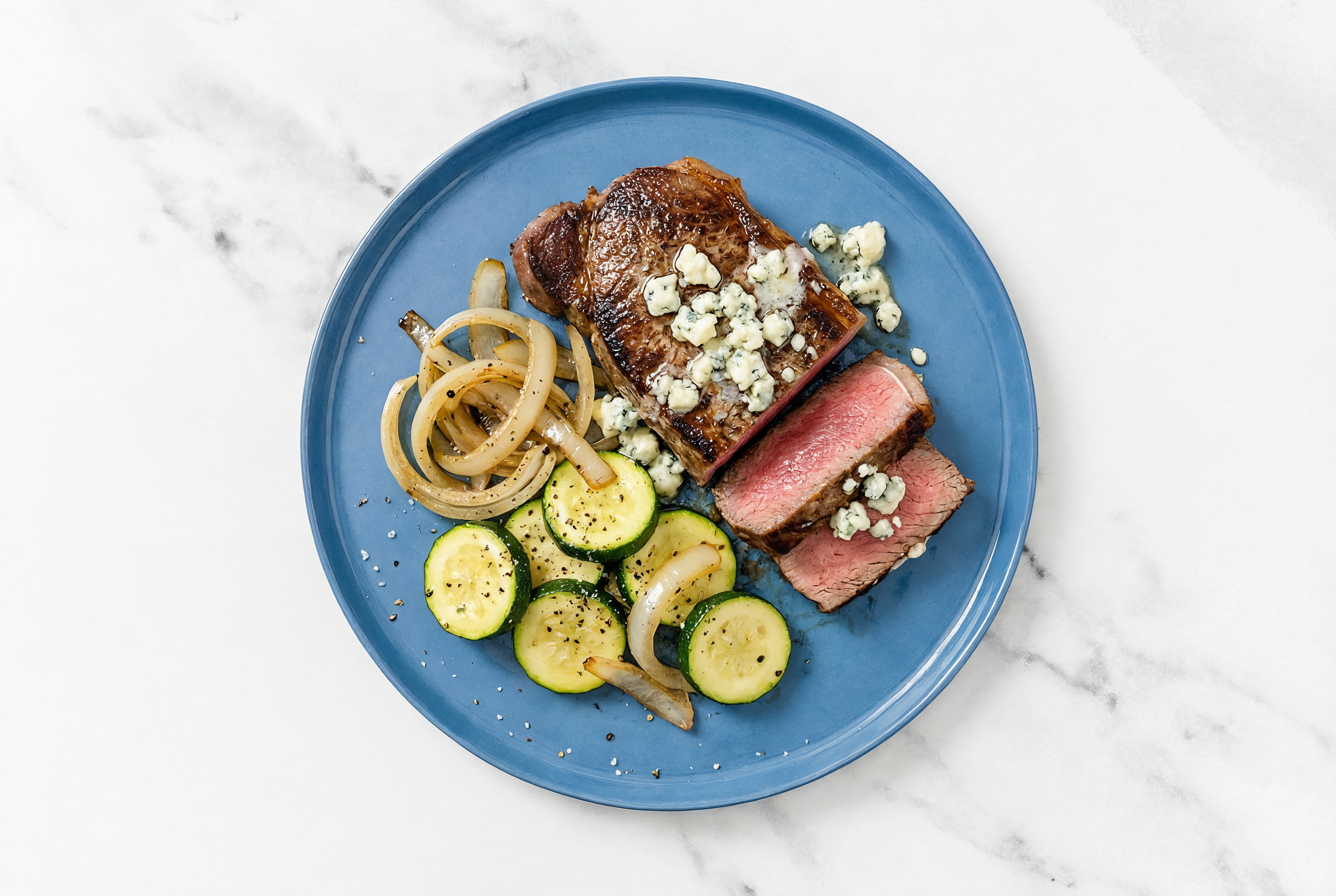 Herby Blue Cheese Strip Steak + Veggies with Zucchini