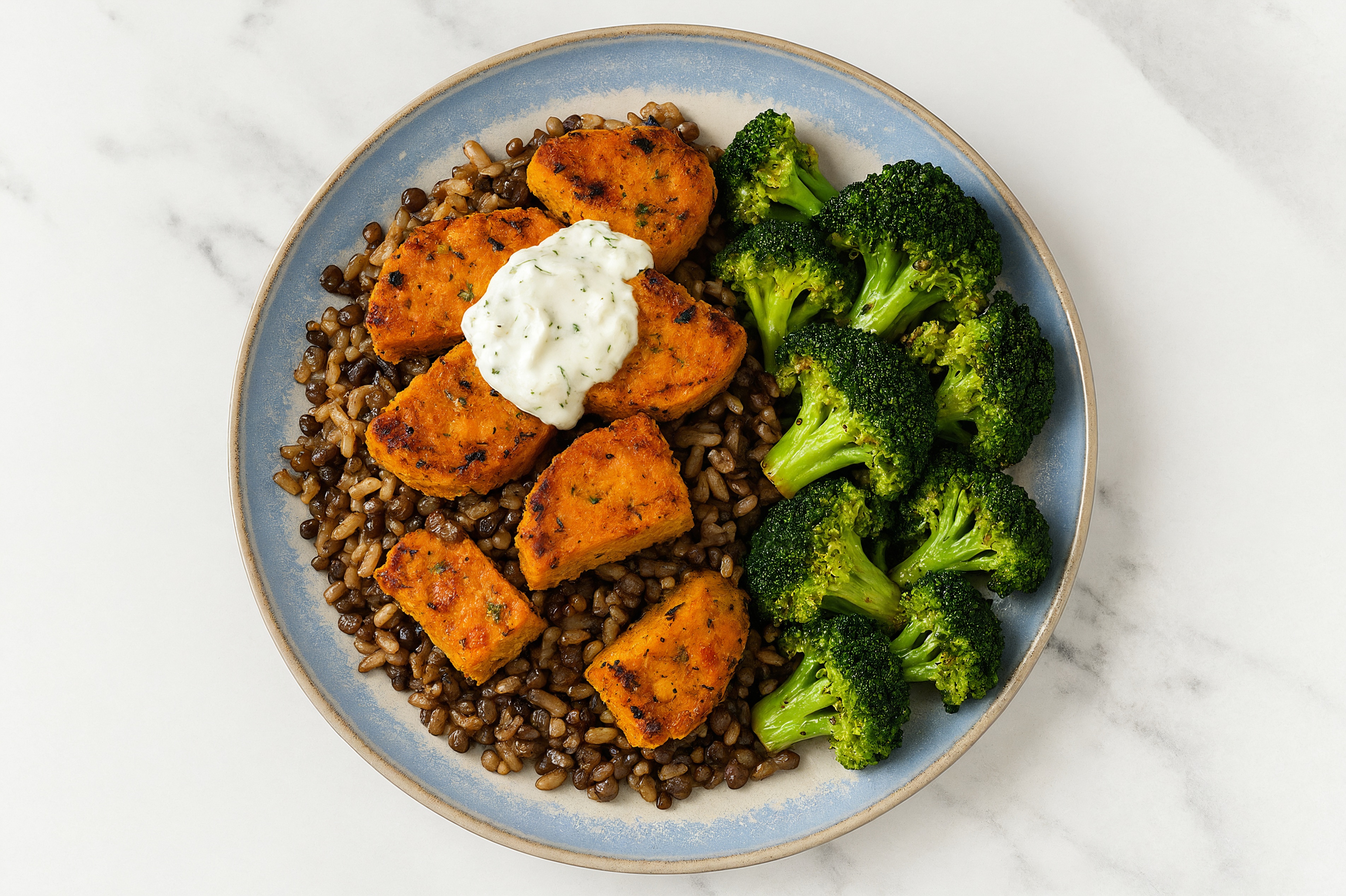Tzatziki Sweet Potato Burger Bowl with Broccoli Florets