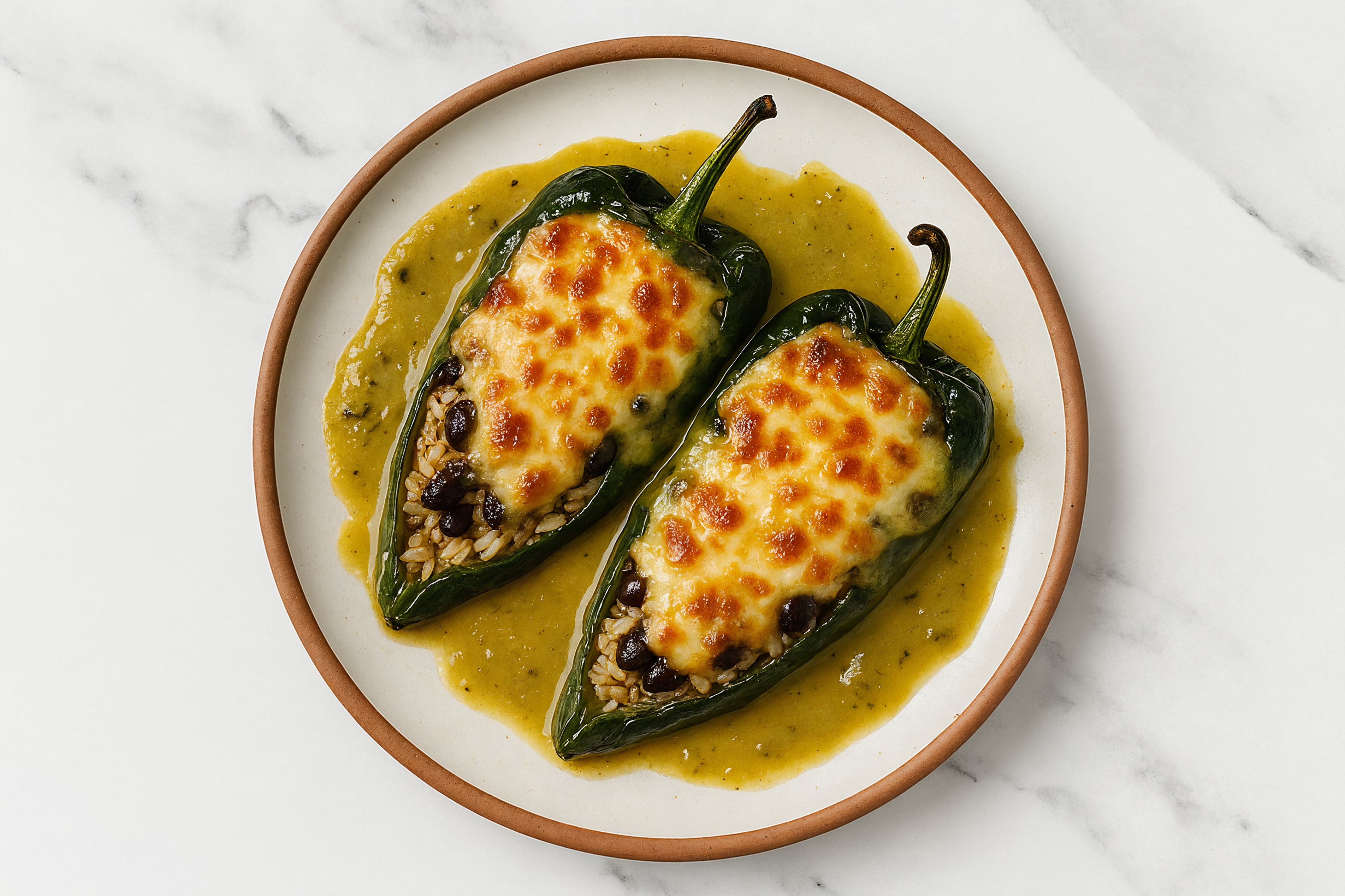 Cheesy Bean + Long Grain White Rice Stuffed Poblano Peppers