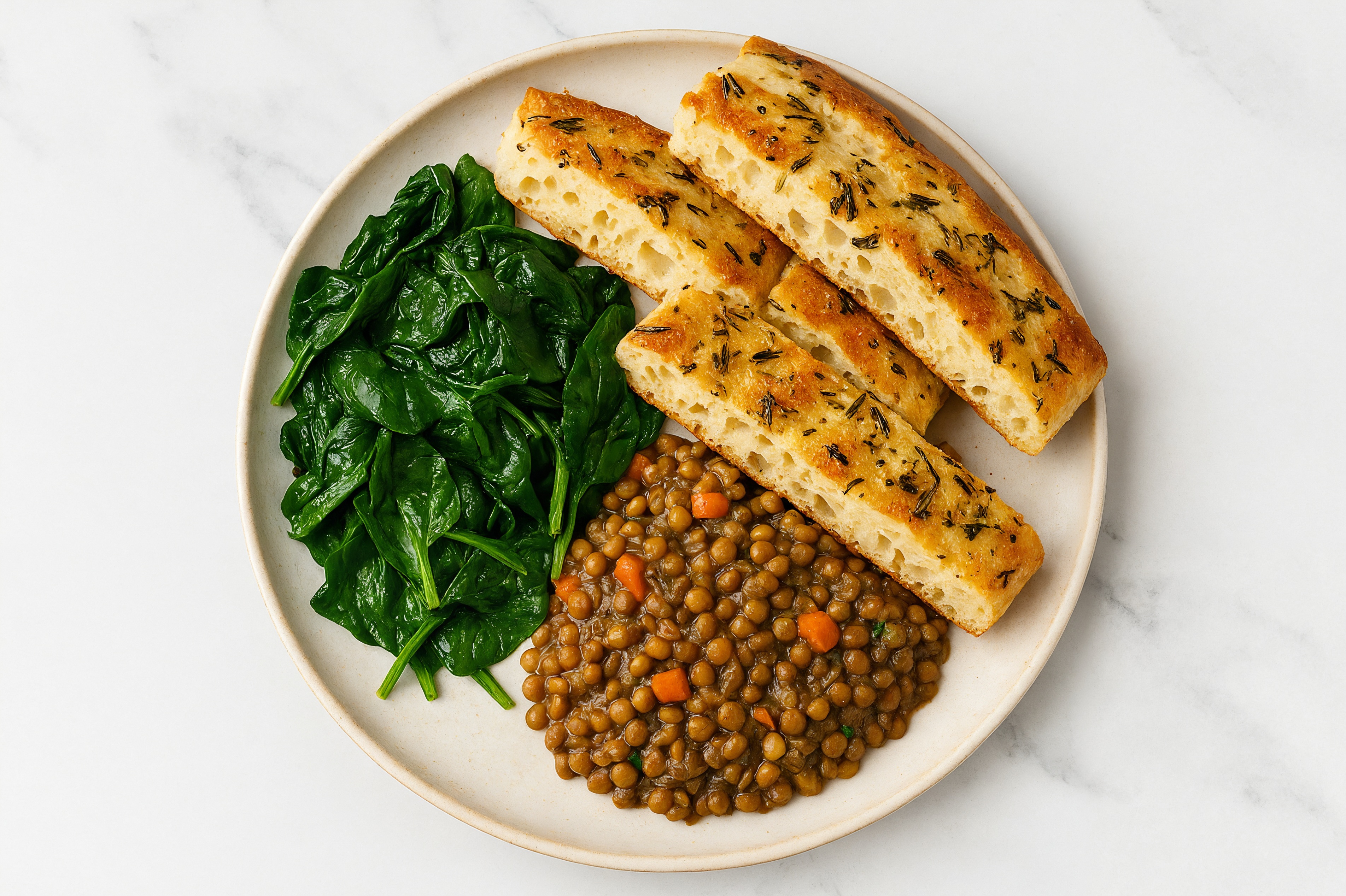 French Mirepoix Lentils with Baby Spinach + Focaccia