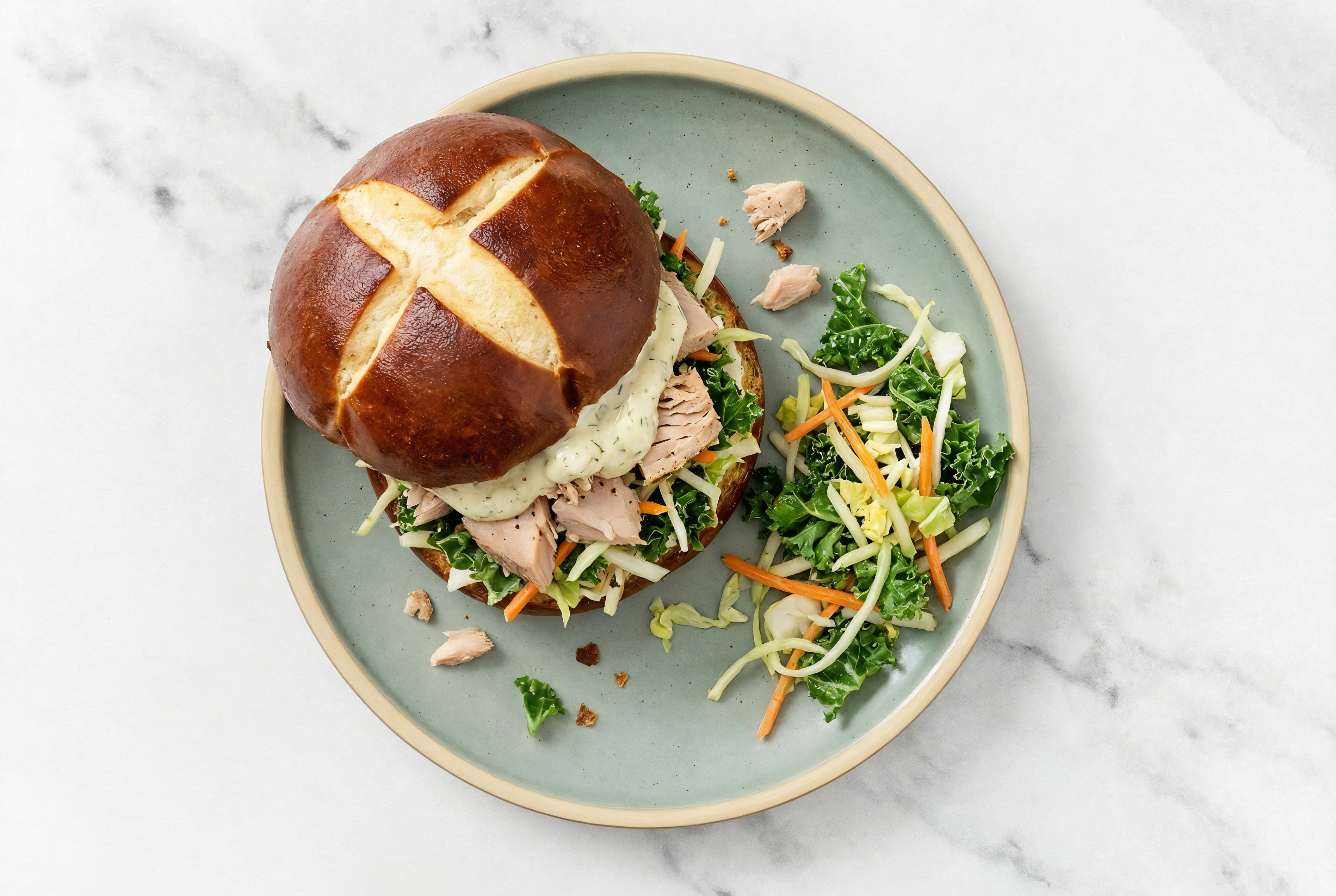 Dill Pickle Tuna Sandwich on Pretzel Bun with Superblend