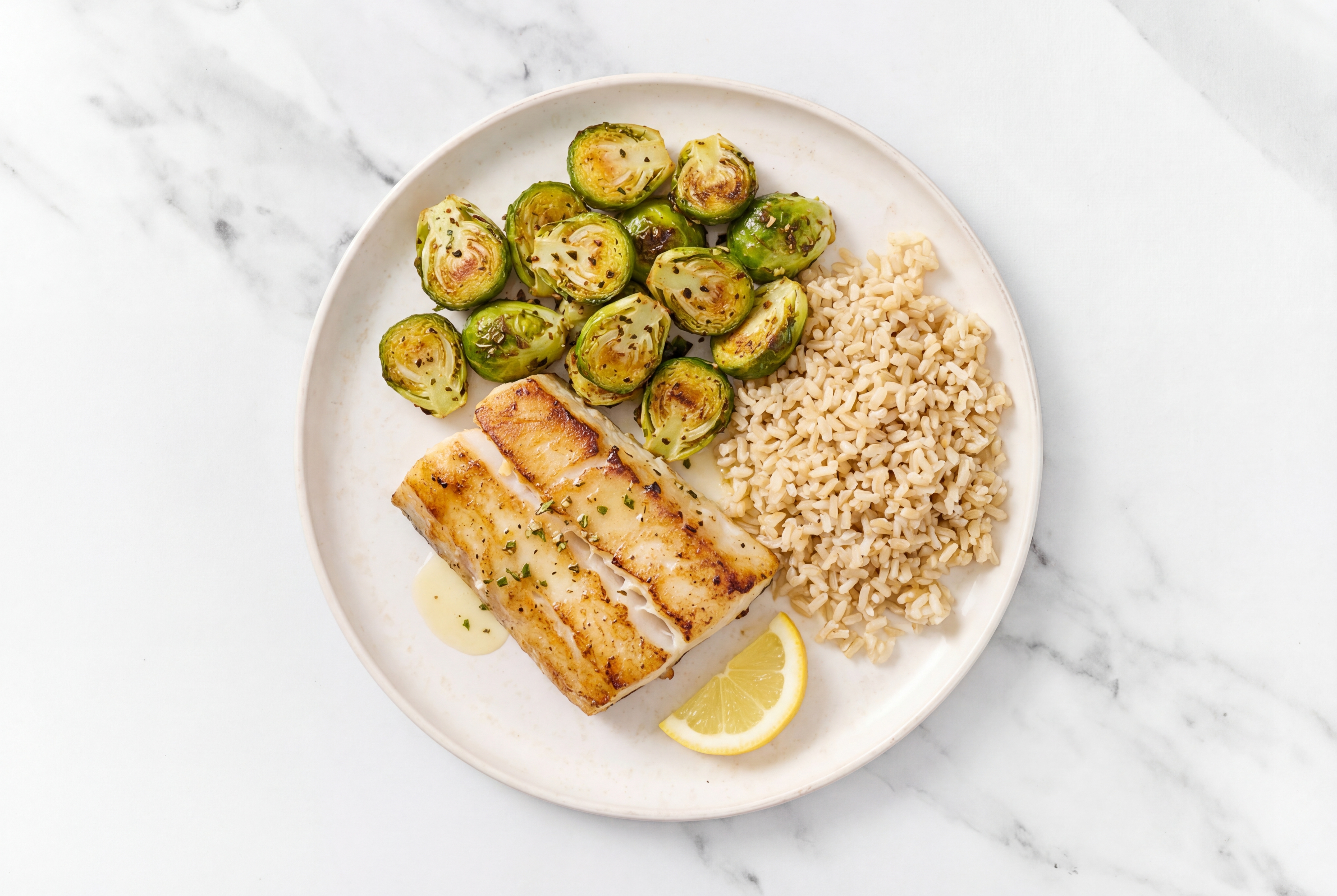 Seared Barramundi + Brussels with Brown Rice