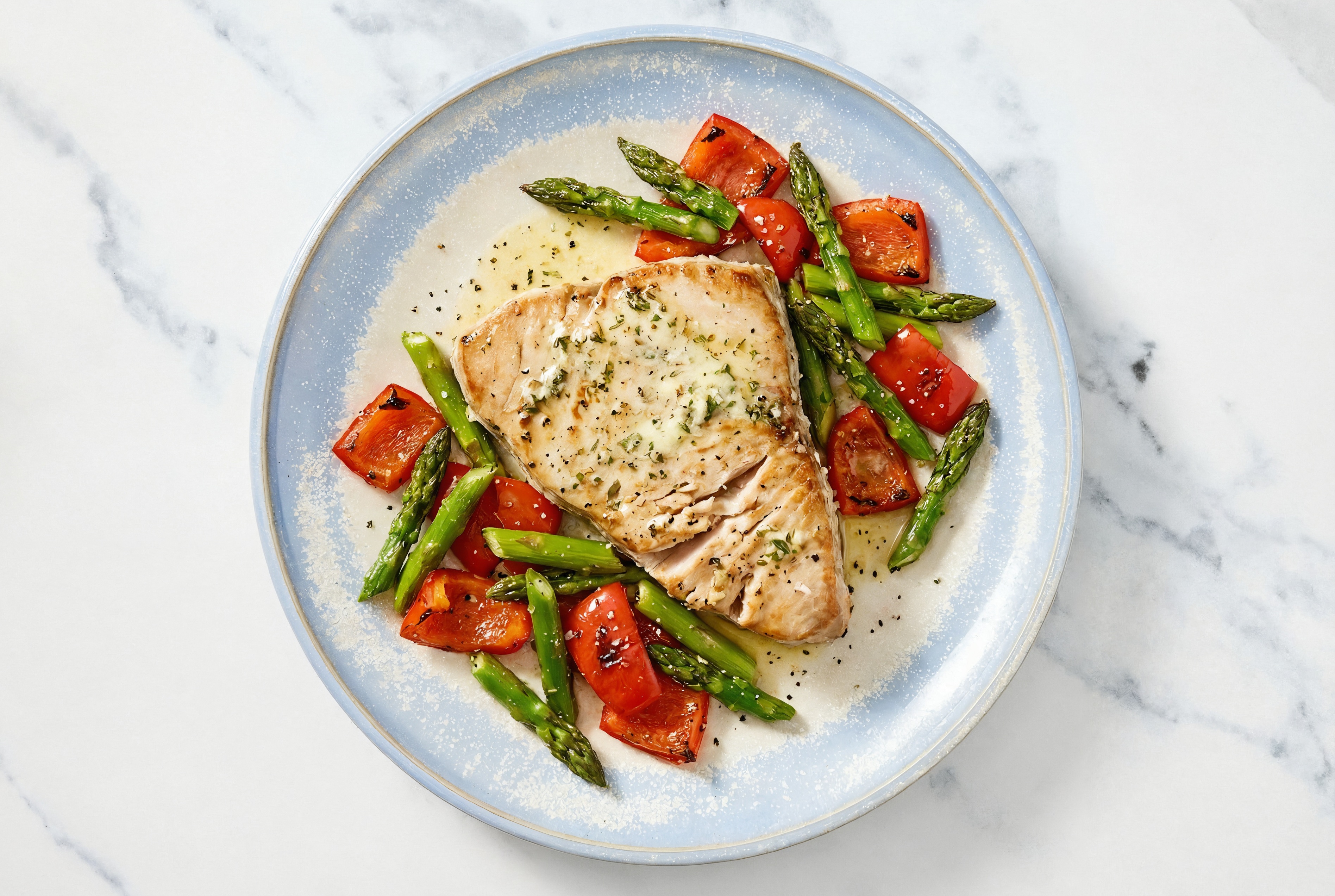 Sheet-Pan Slow Churned Herb Pasture Butter Tuna with Asparagus + Organic Red Peppers