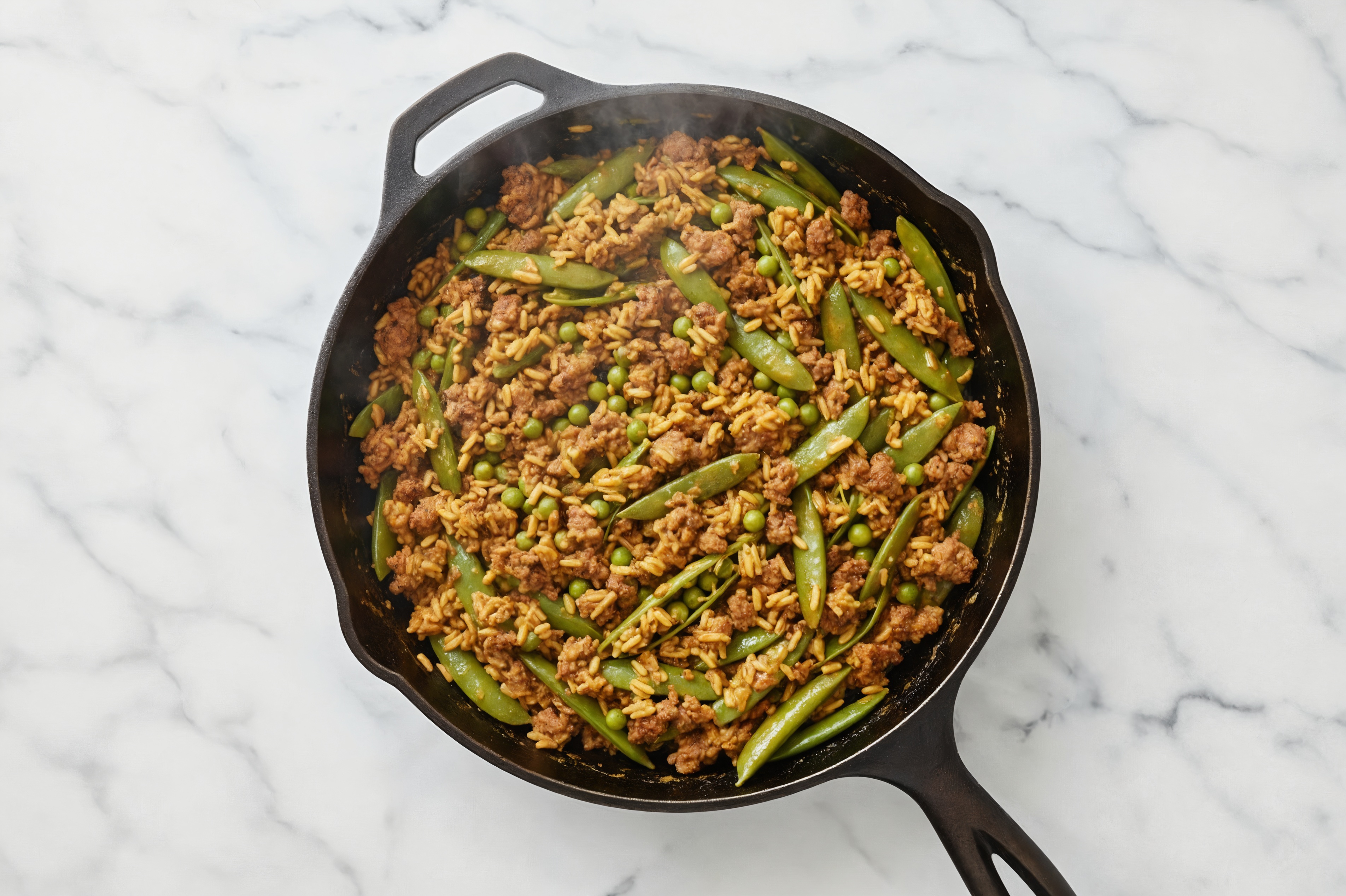 Curry Pea Snap + Ground Bison Stir-Fry with Brown Rice