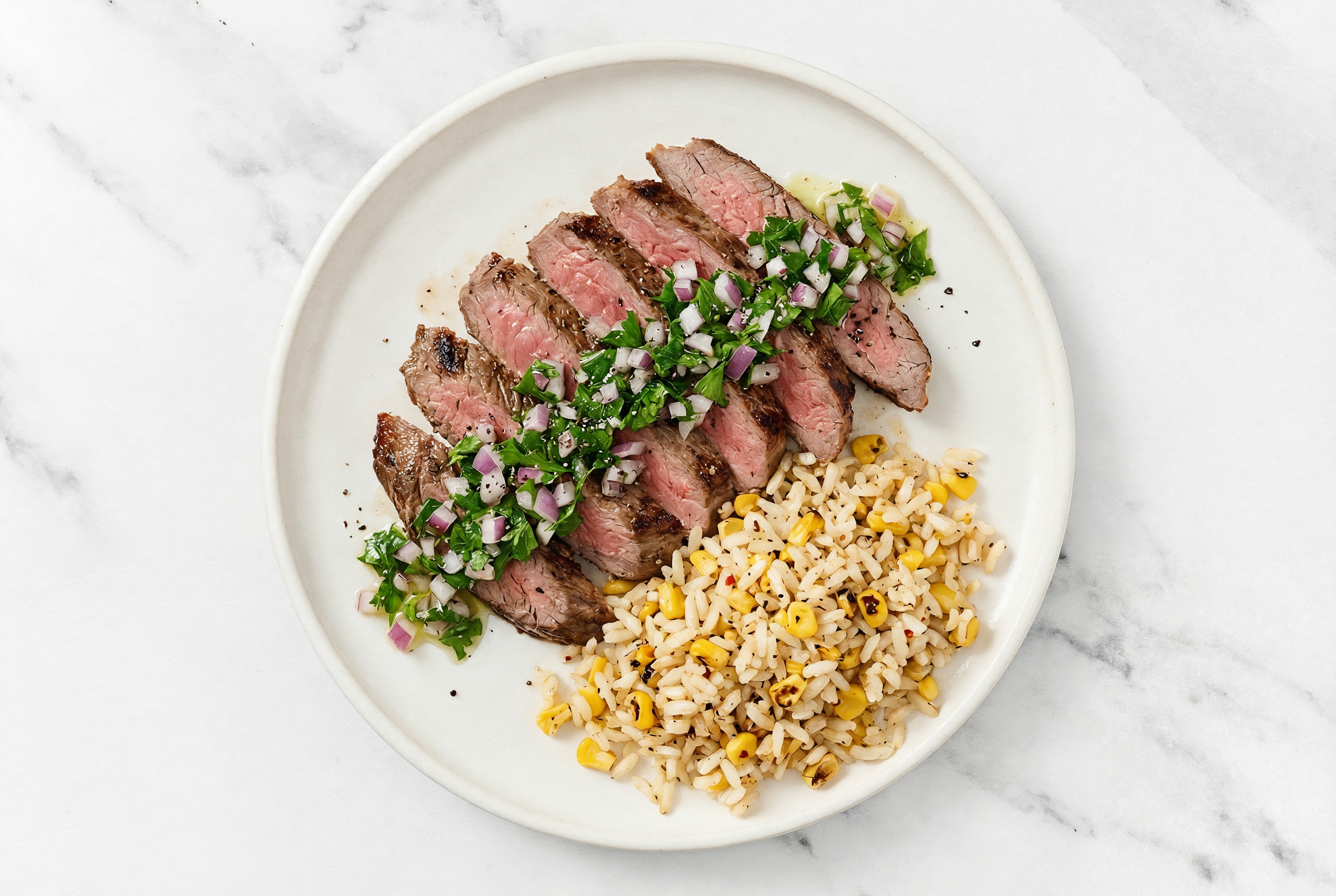 Seared Rosemary Garlic Beef Flank Steak with Salsa Verde + Rice