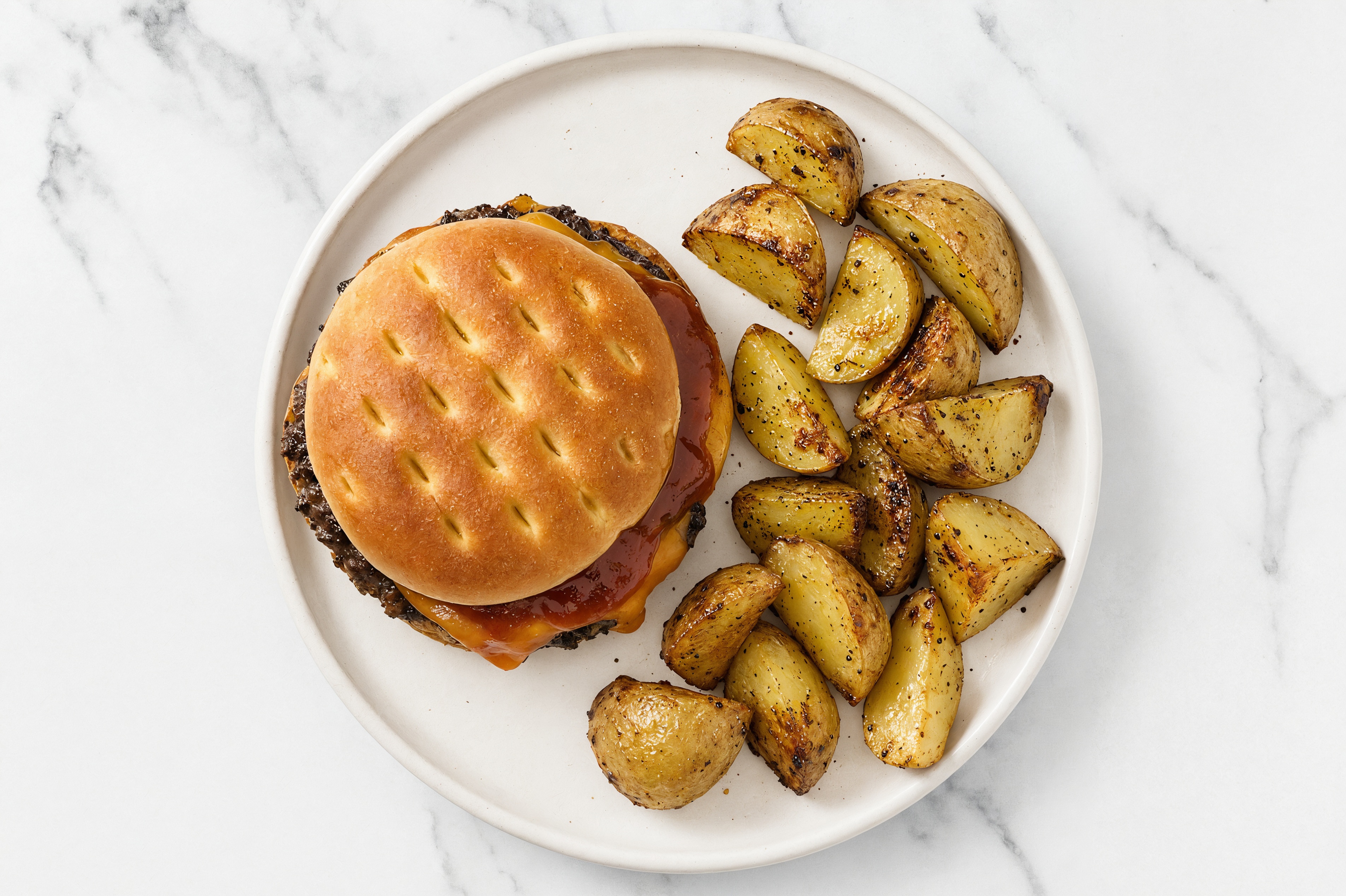 BBQ Grilled Beef Cheeseburger + Yellow Potatoes