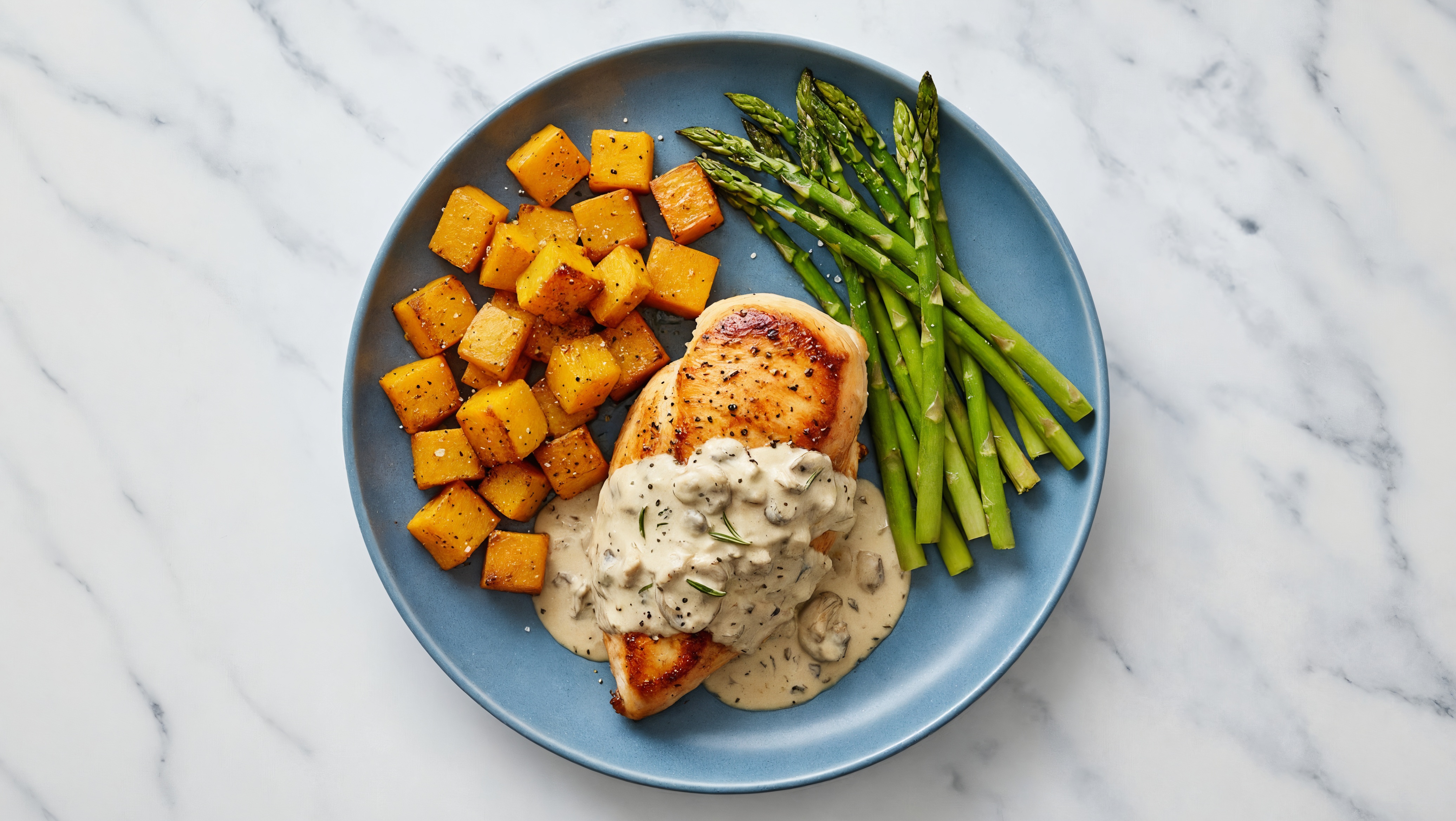 Creamy Truffle Smothered Chicken Breasts with Asparagus & Roasted Butternut Squash