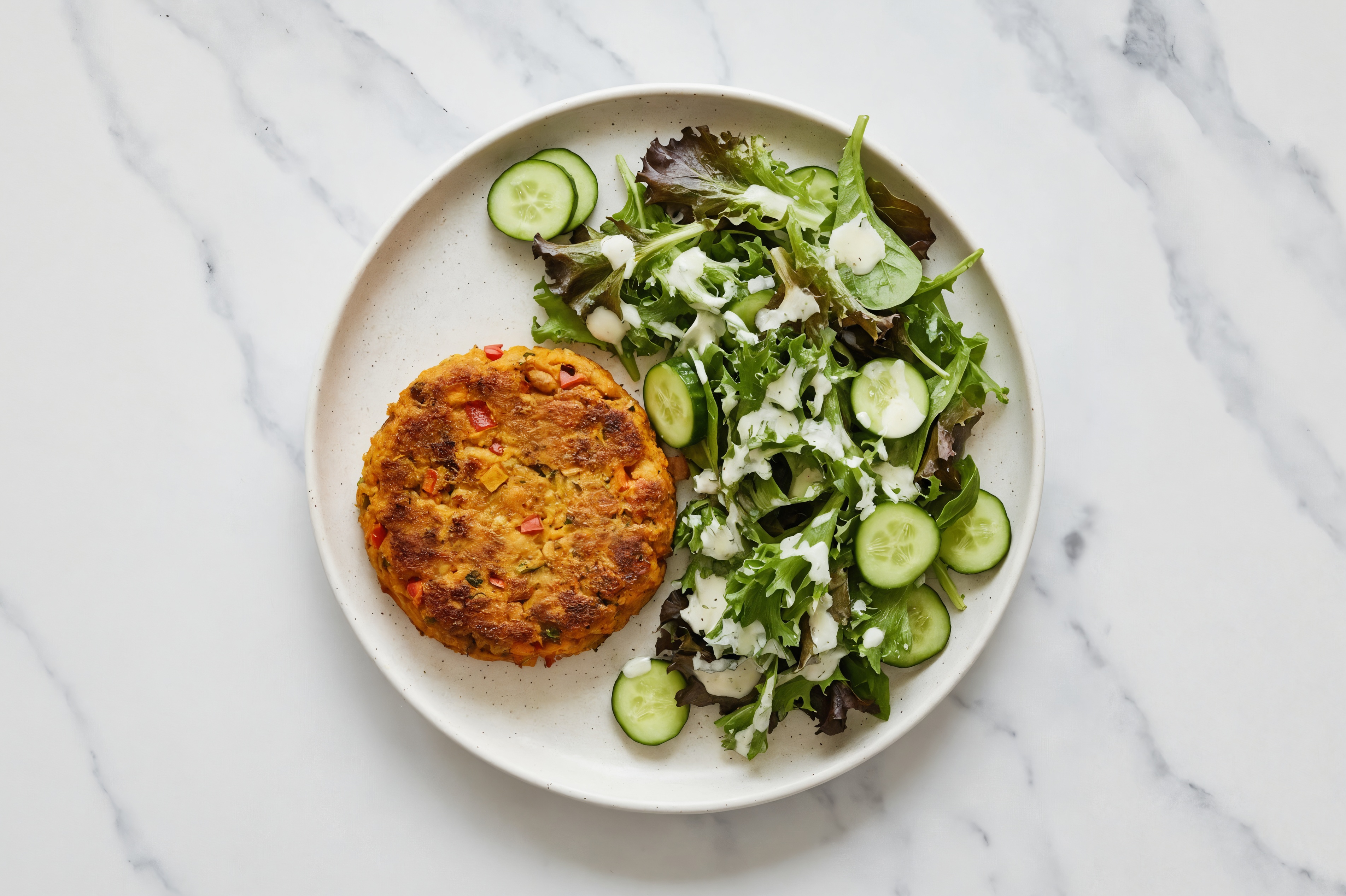 Sweet Spring Mix Lettuce + Cucumber with Sweet Potato Patties + Ranch Dressing