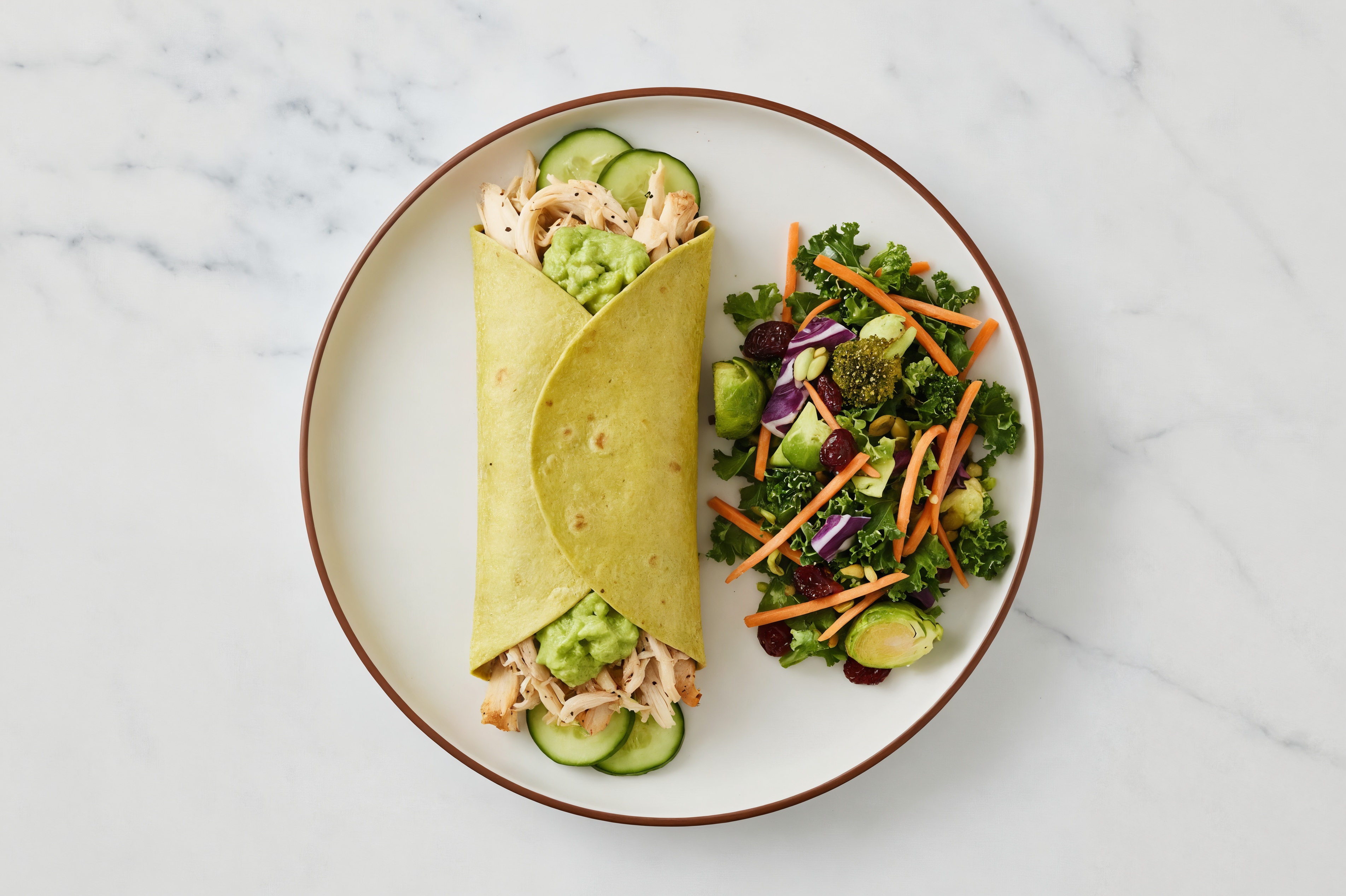 Pulled Chicken + Guacamole Wrap with Side Chopped Kale Salad with Spinach Tortilla