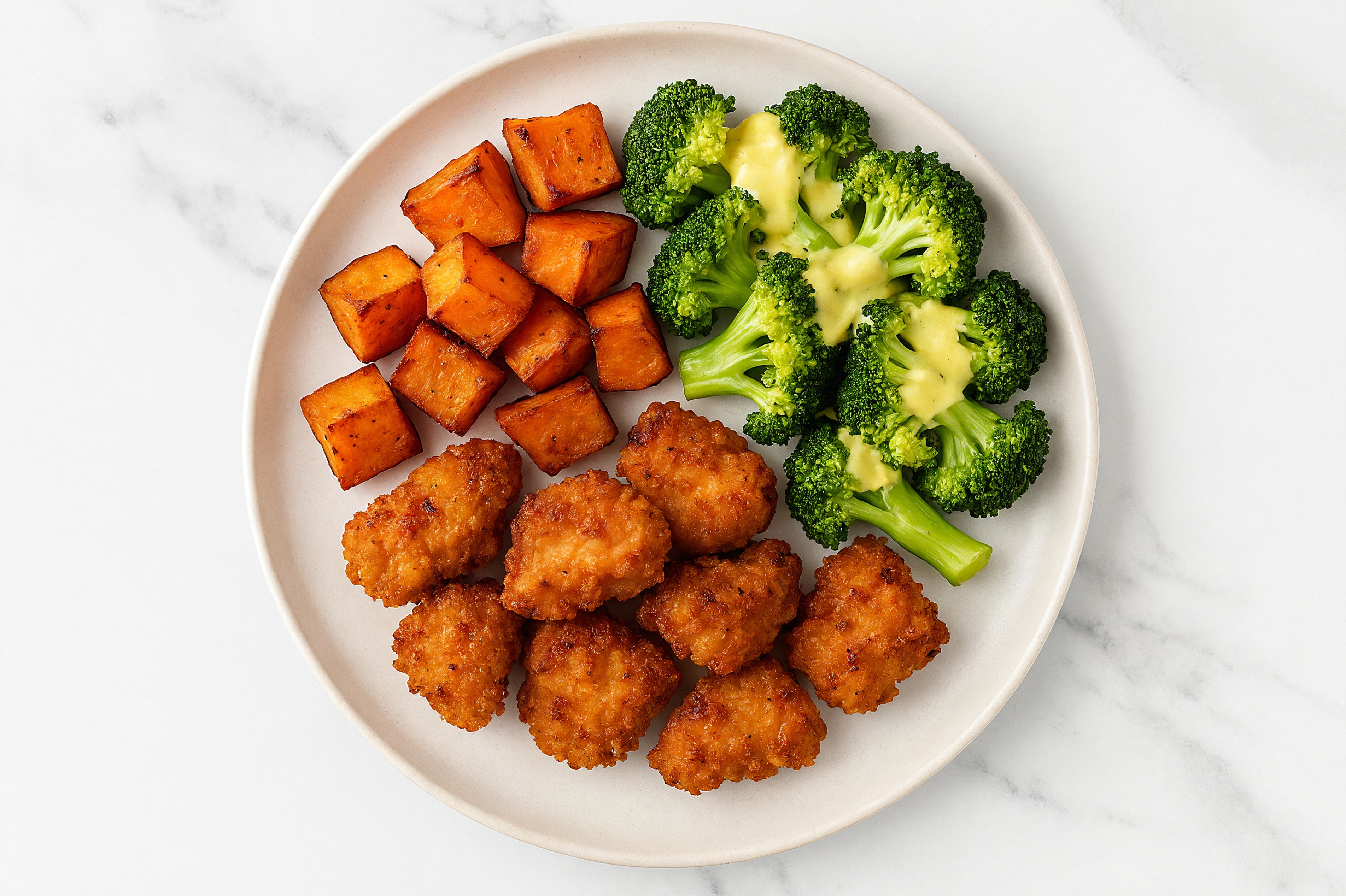 Crispy Nugget + Cozy Broccoli Potato Bake with Hatch Cashew Queso with Breaded Chicken Nuggets