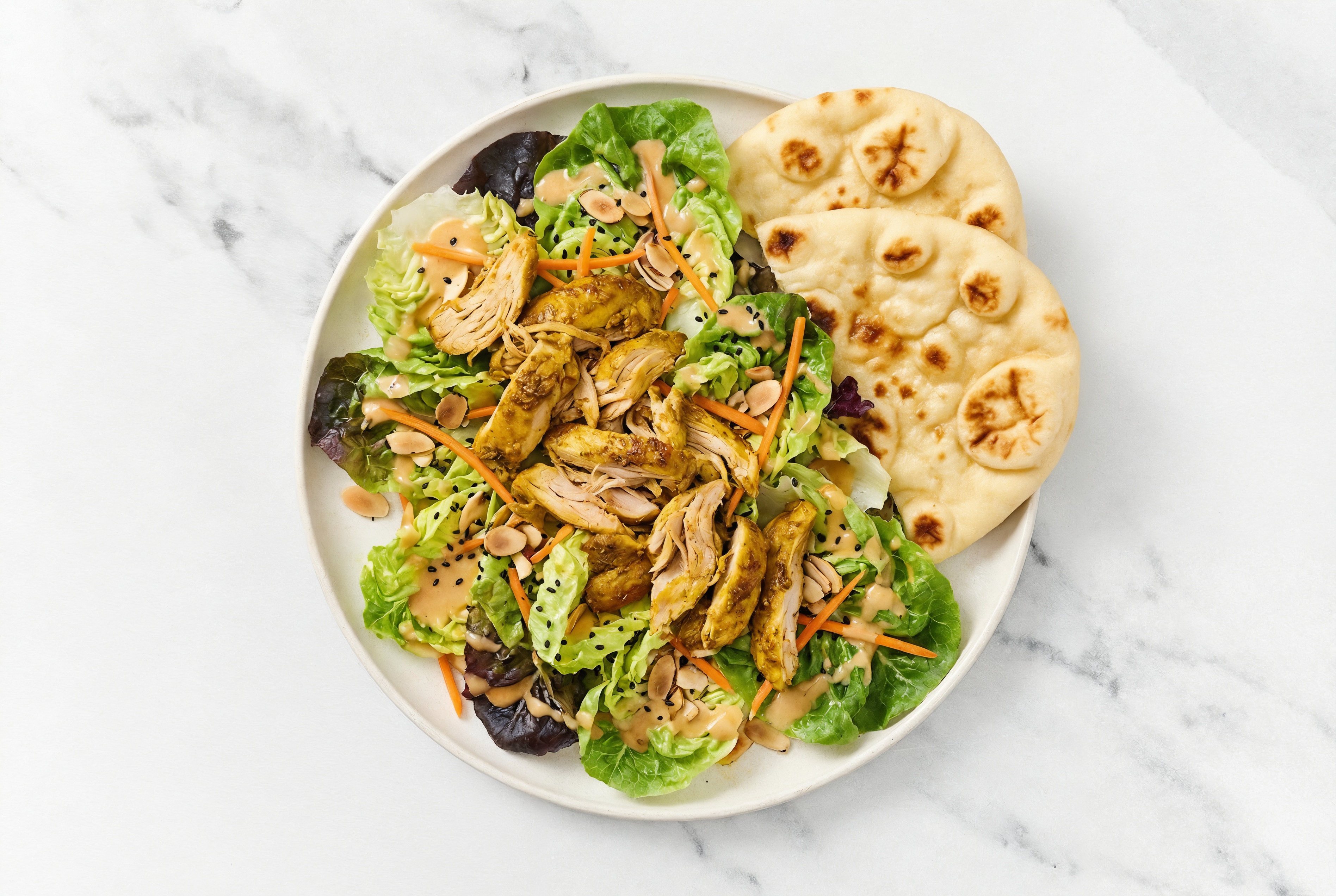 Little Gem Salad with Shawarma Chicken + Traditional Naan