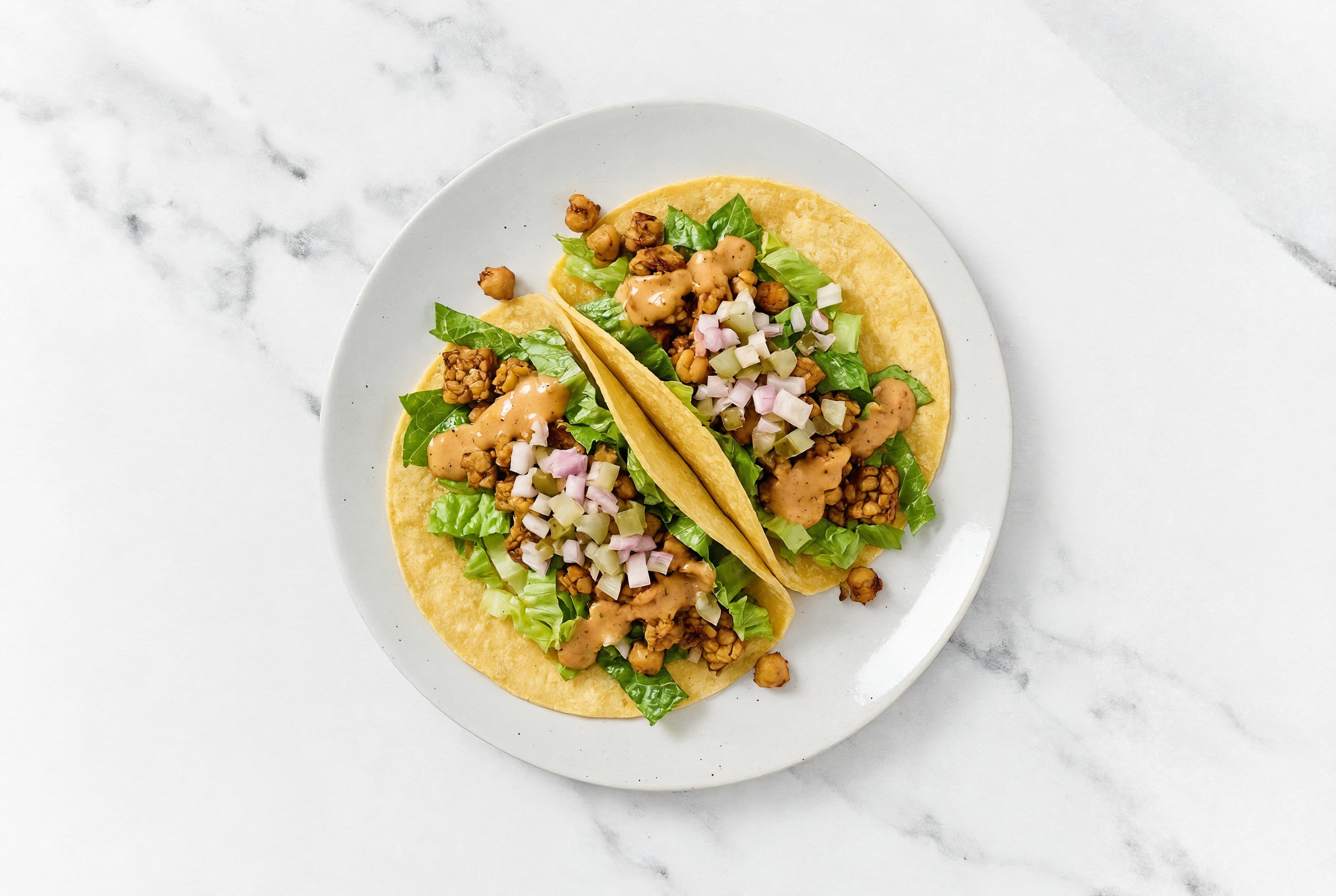 Garlicky BBQ 'Burger' Tacos with Pickle De Gallo with Chickpea Tempeh