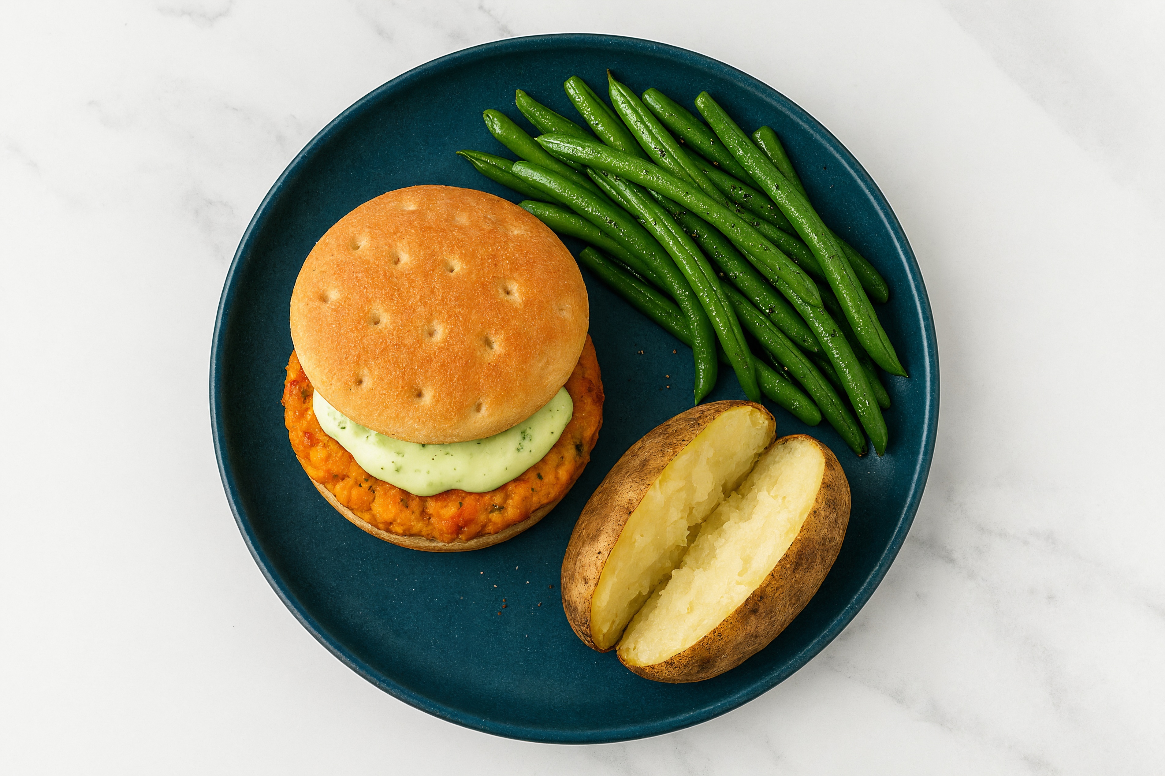 Jalapeño Sweet Potato Burger on Brioche with Green Beans