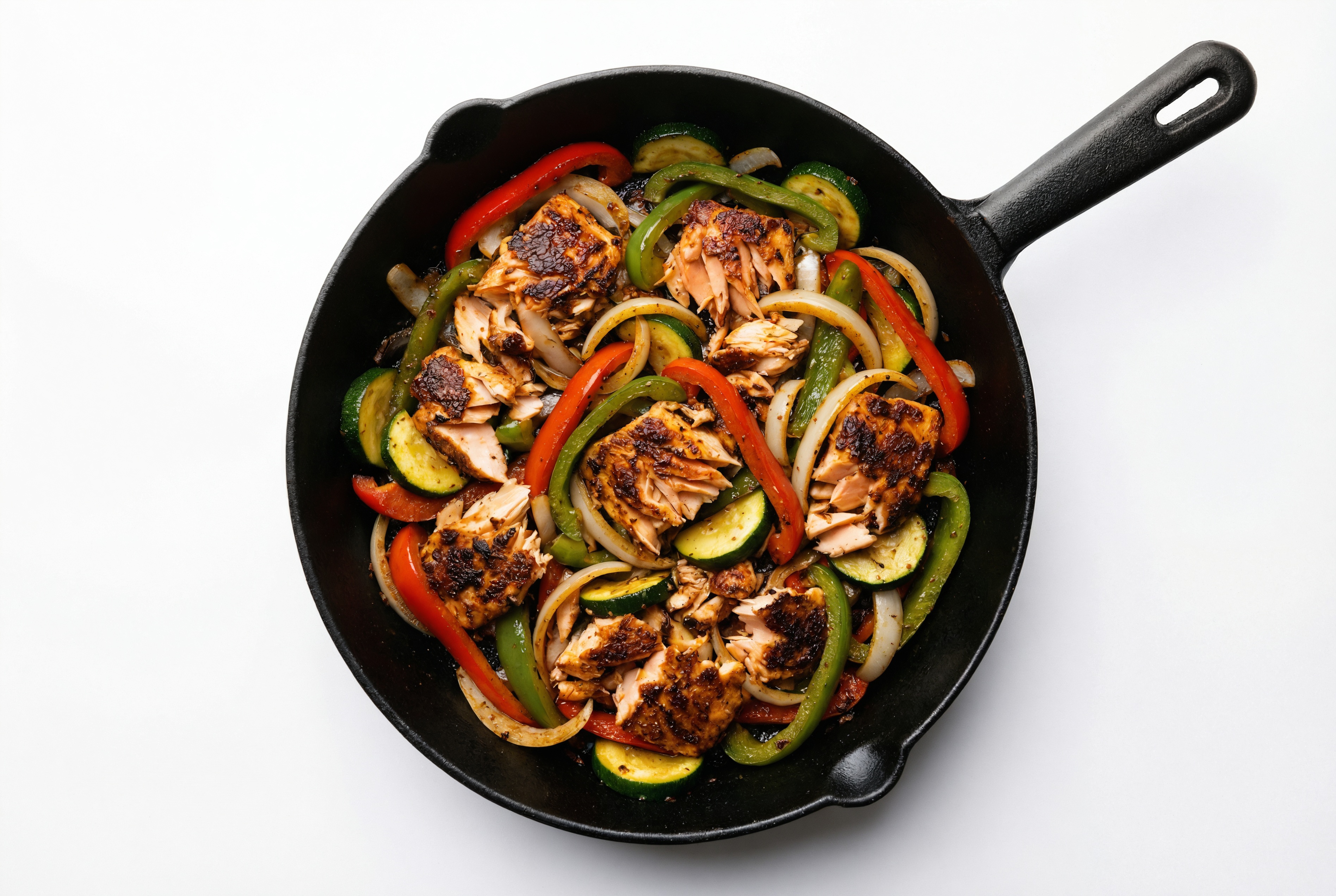 Blackened Salmon + Zucchini Skillet with Bell Pepper Onion Saute