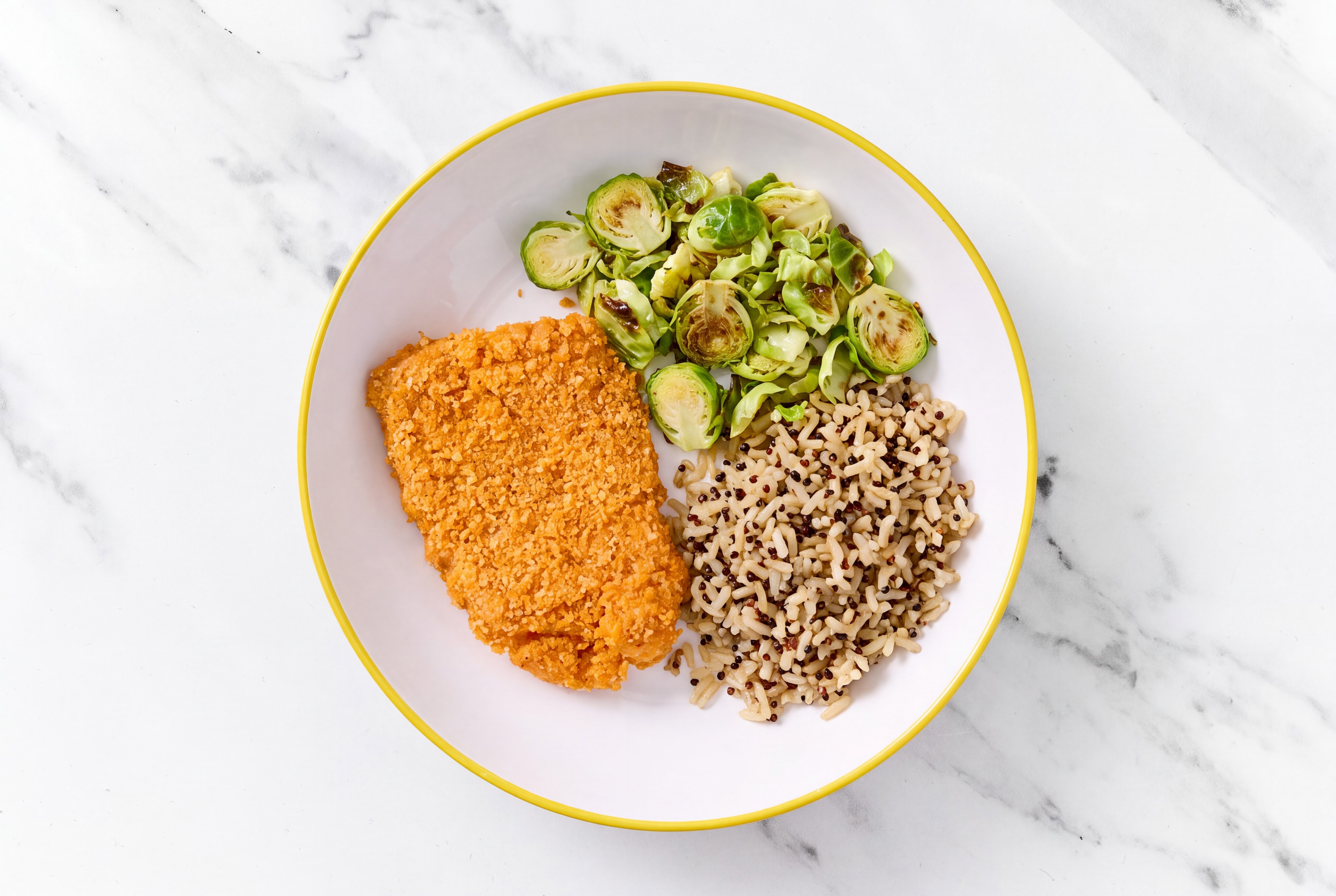 Hot Honey Breaded Chicken Cutlet with Brussels Sprouts & Brown Rice