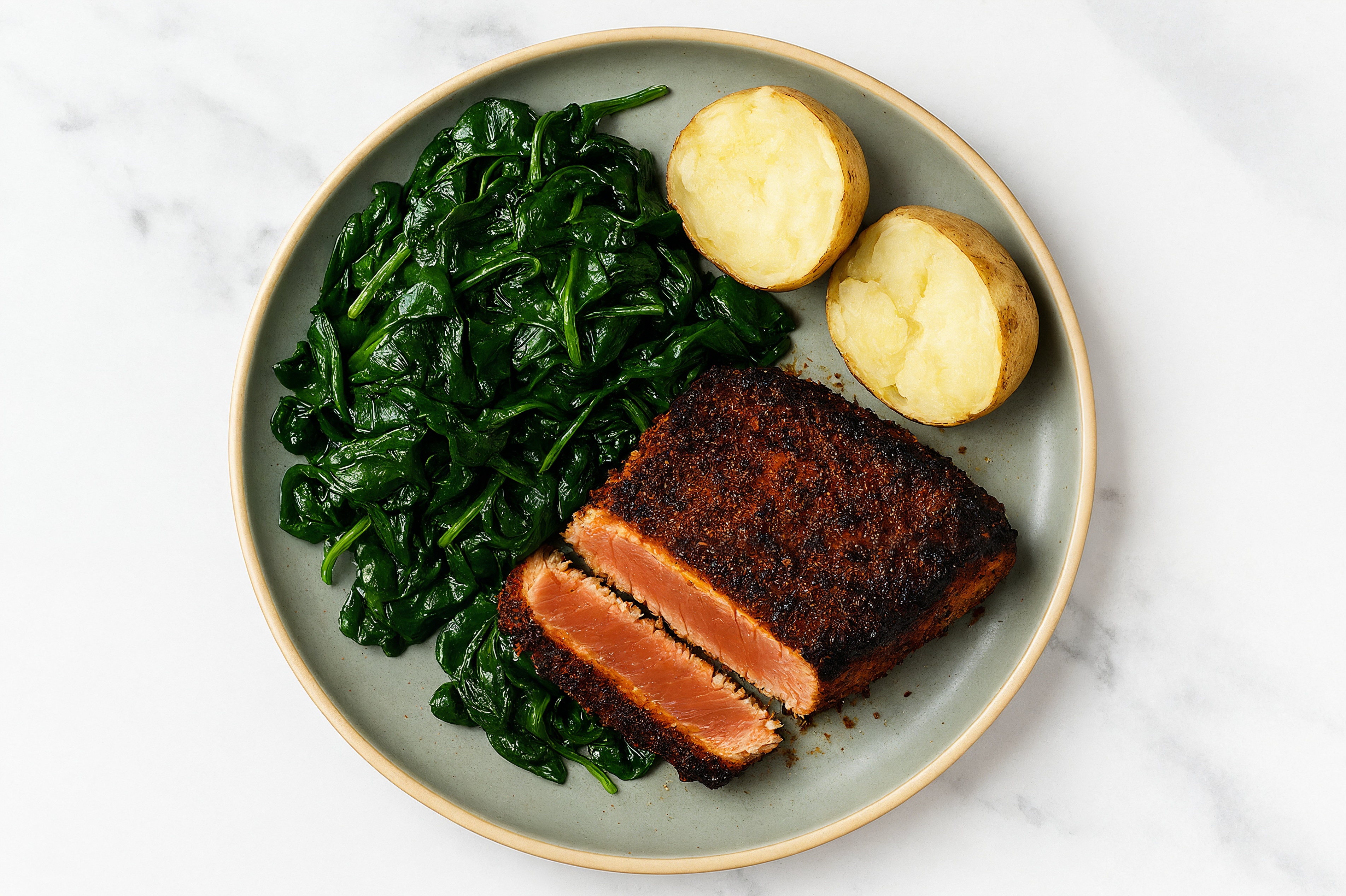 Rustic Blackened Tuna Steak + Baby Spinach