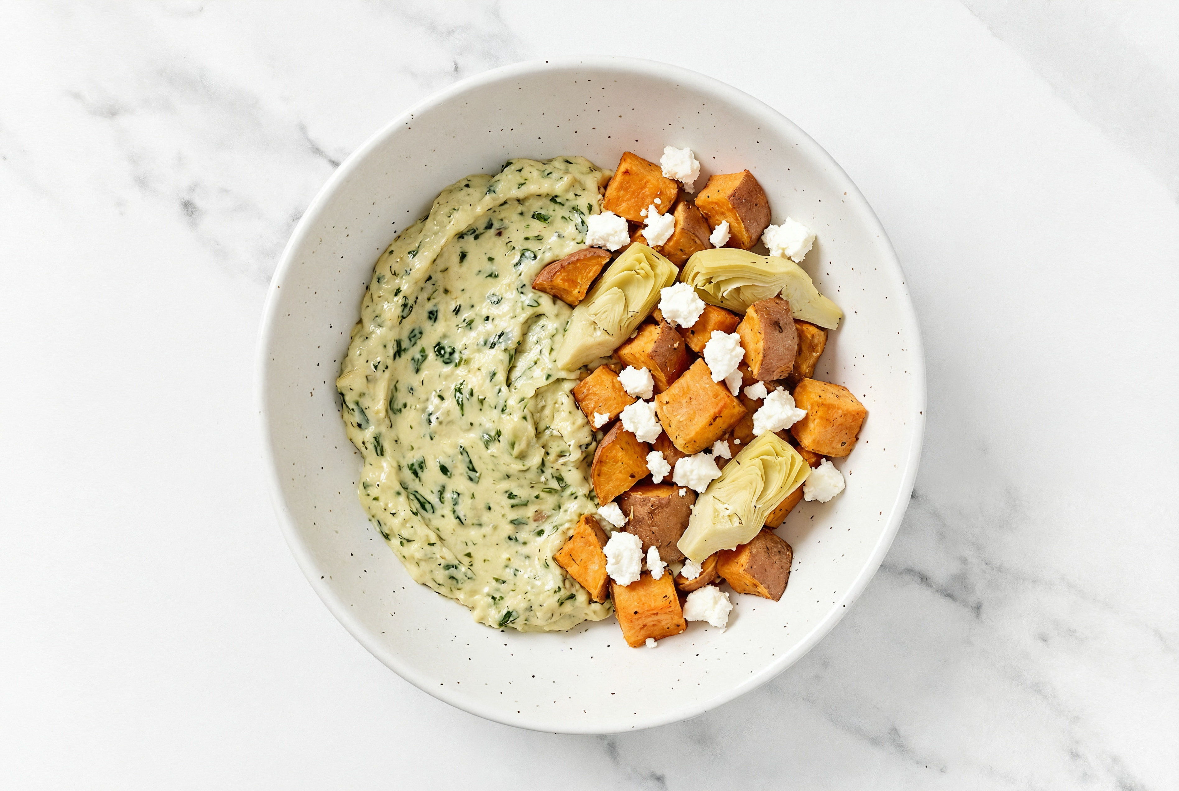 Feta Artichoke Sweet Potato Bowl over Spinach Artichoke Dip