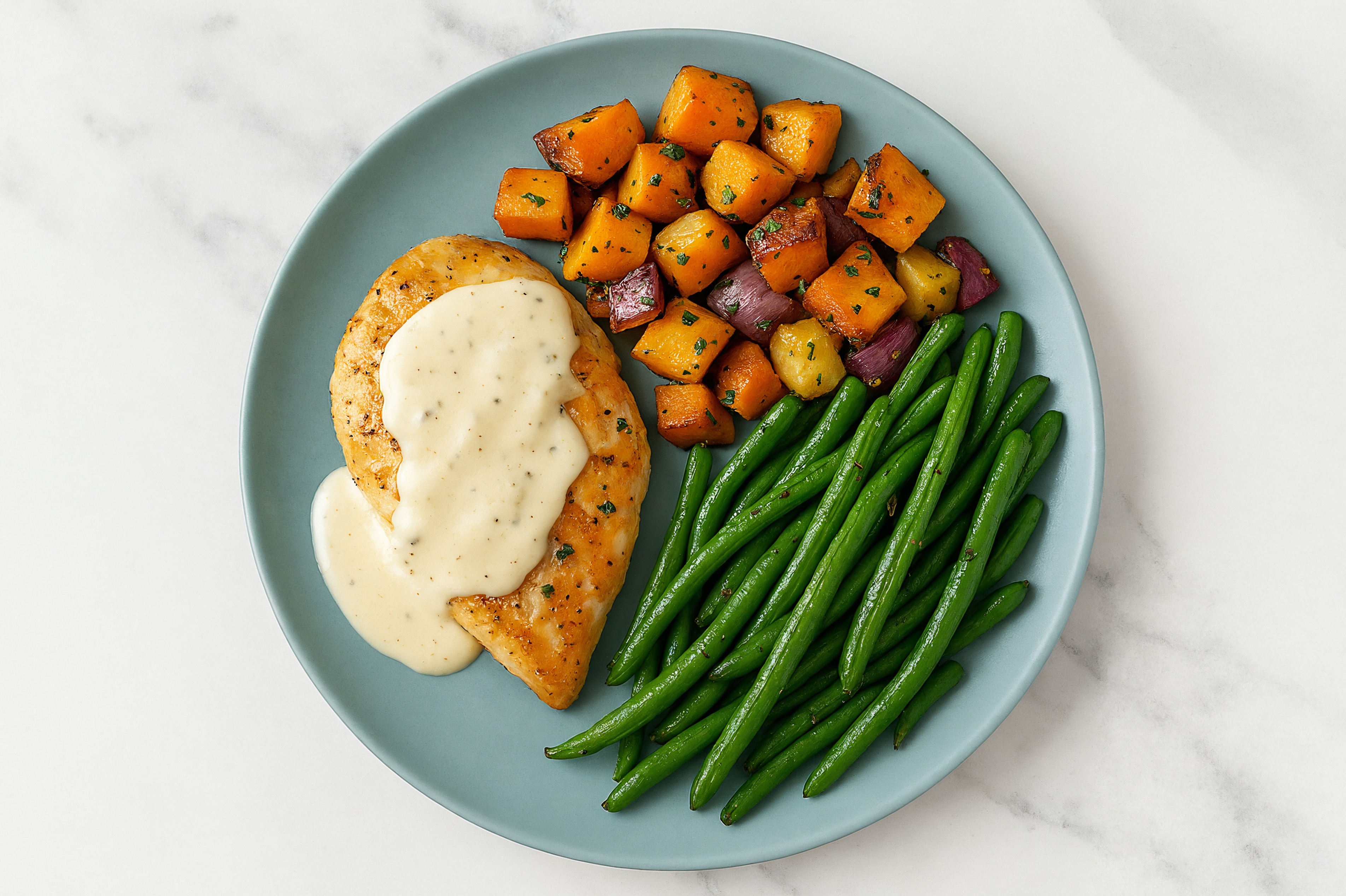 Creamy Parmesan Smothered Chicken Breasts with Green Beans & Roasted Vegetables