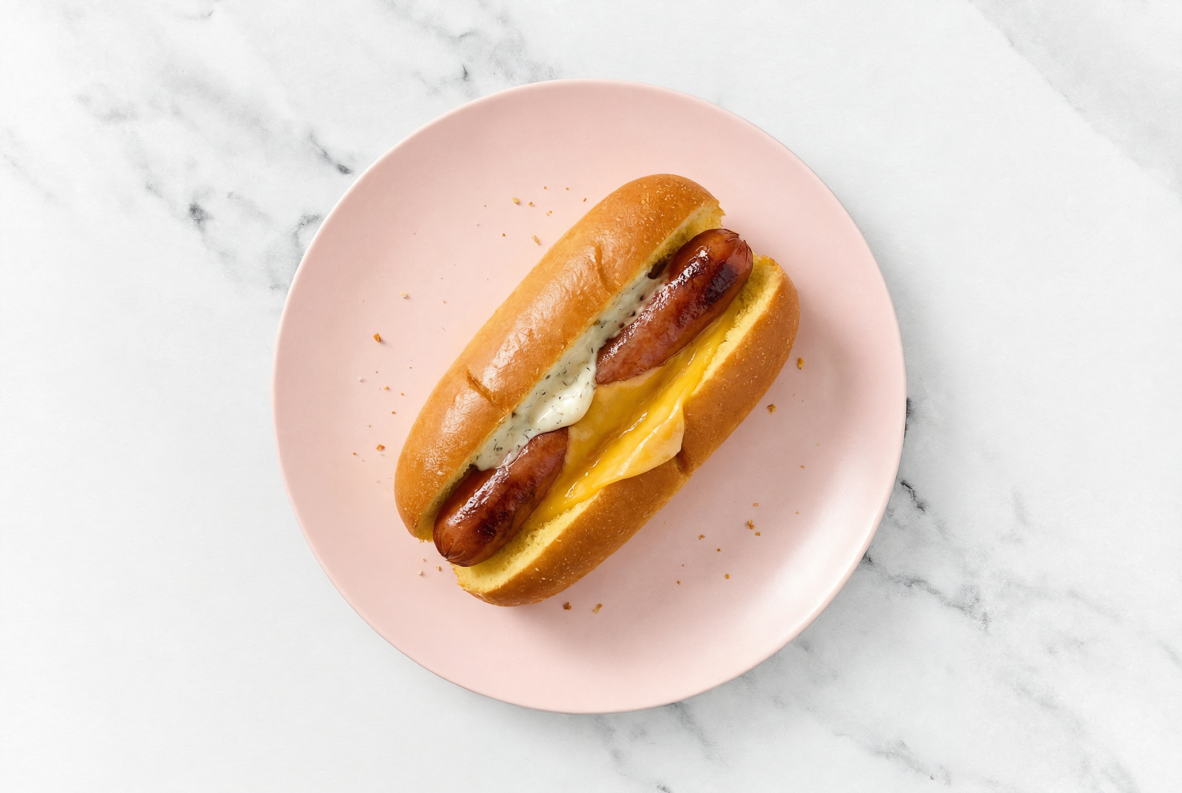 Cheddar Beef Hot Dog with Garlic Sauce on Brioche