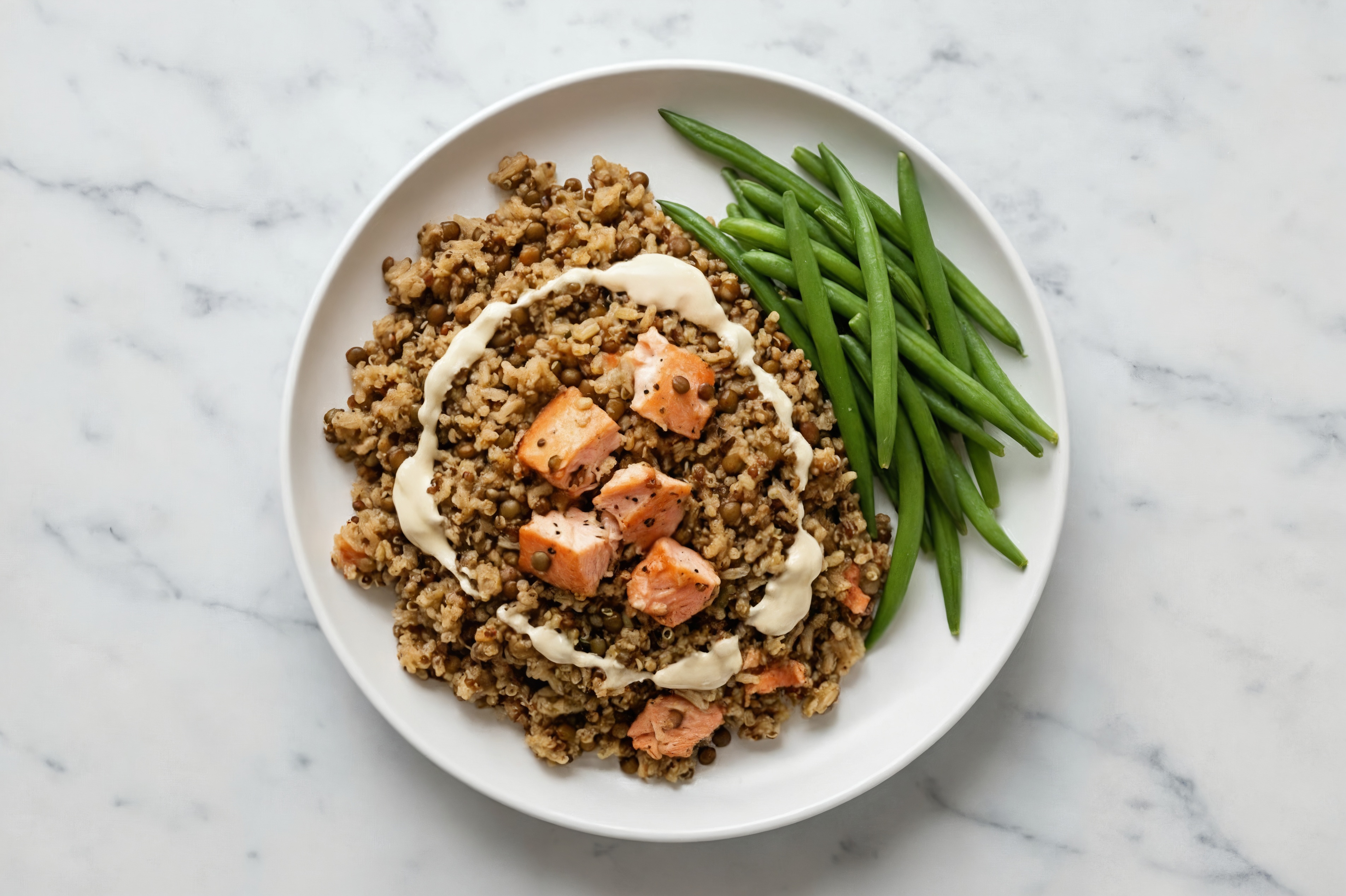 Creamy Garlic Smoked Salmon + Green Bean Protein Bowl with Lentil Quinoa Rice Mix
