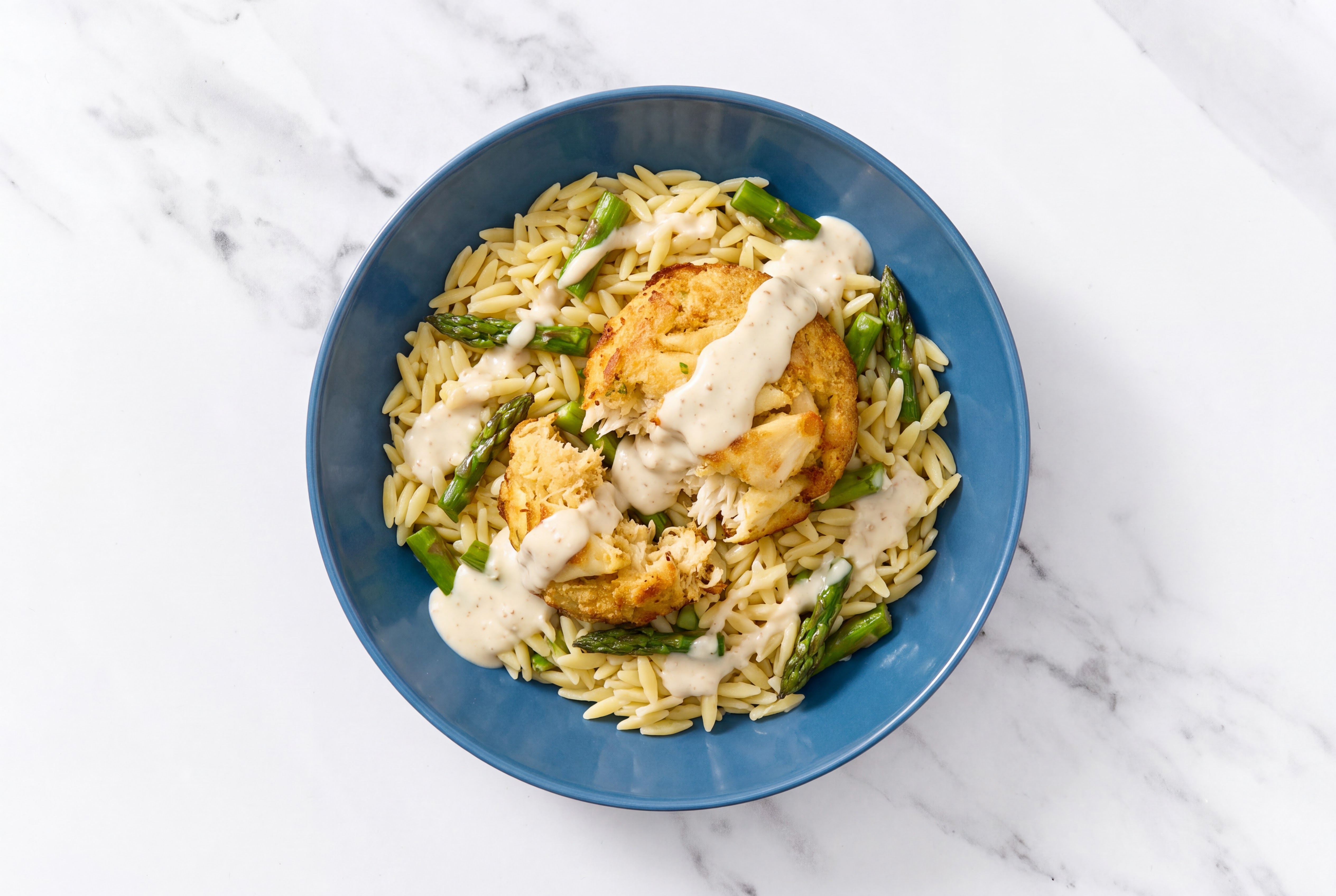 Jumbo Lump Crab Cakes Cake + Garlicky Asparagus Orzo Bowl