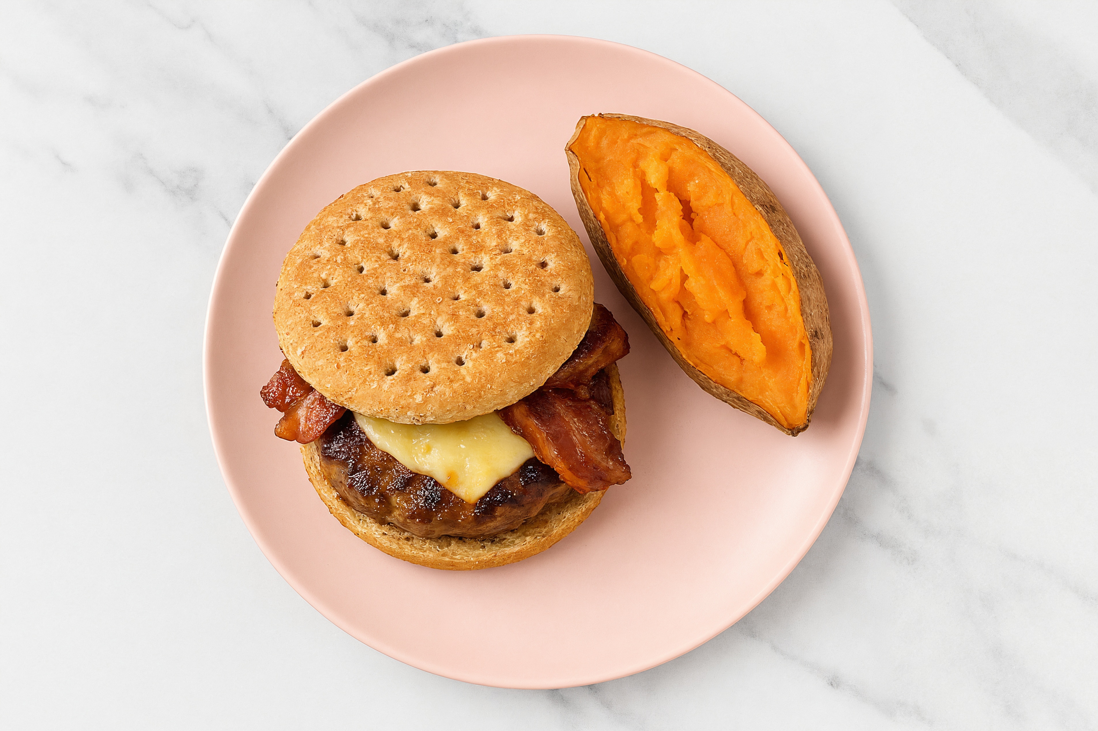  Applewood Smoked Pork Bacon Cheeseburger with Baked Sweet Potato