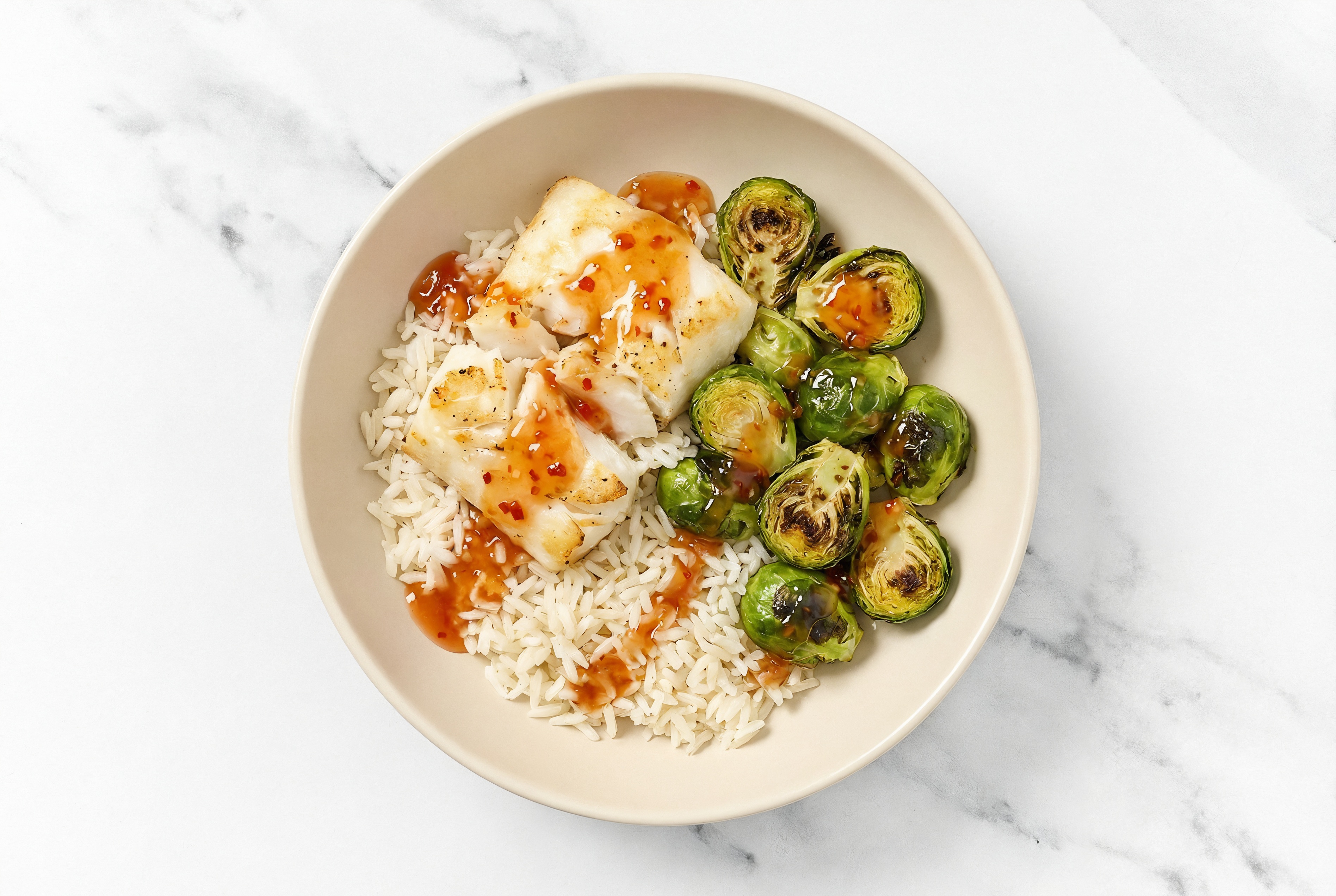 Hearty Air Fryer Sweet Chili Halibut + Whole Brussels Sprouts