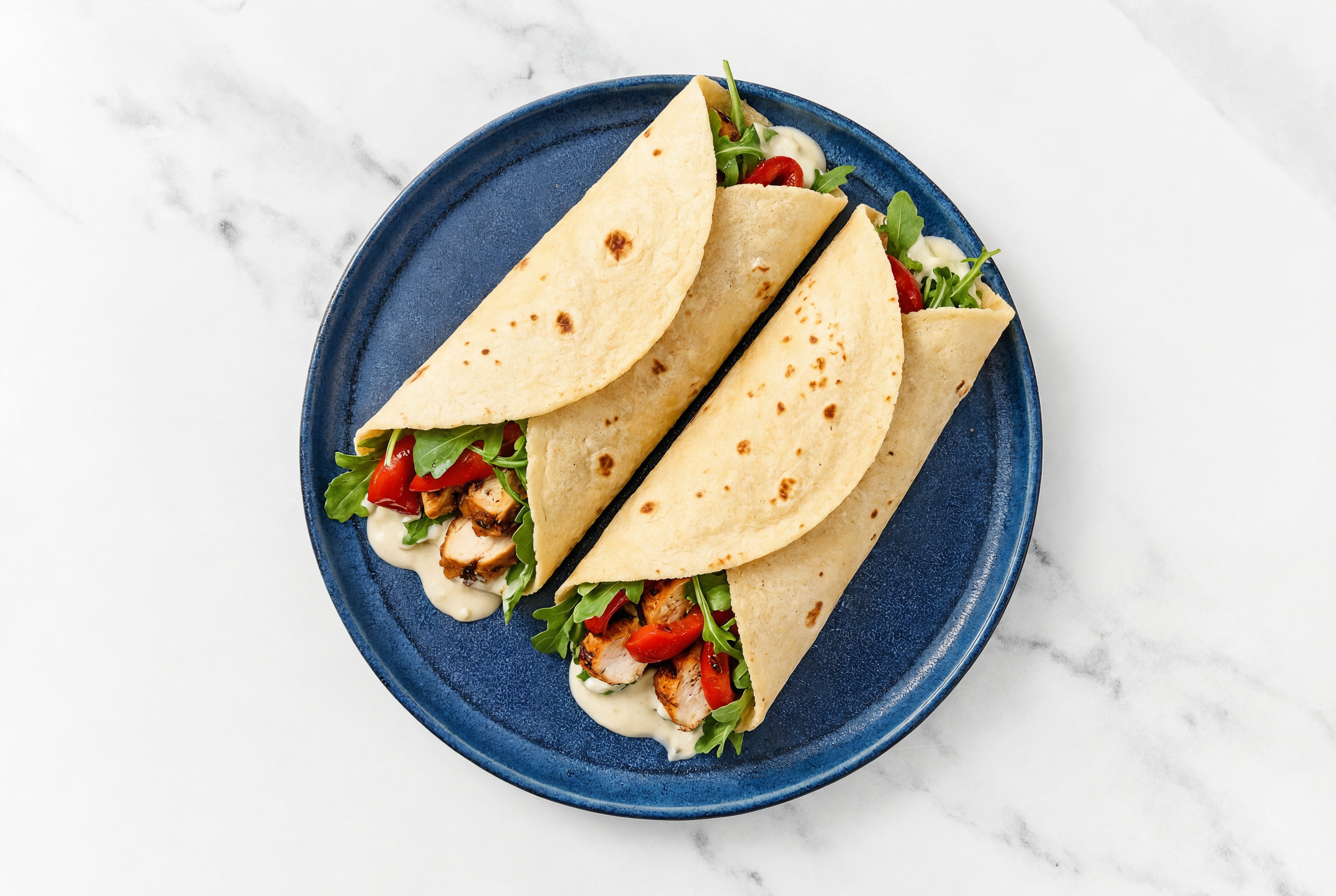Garlic Blackened Chicken + Roasted Pepper Tortilla Wraps with Arugula
