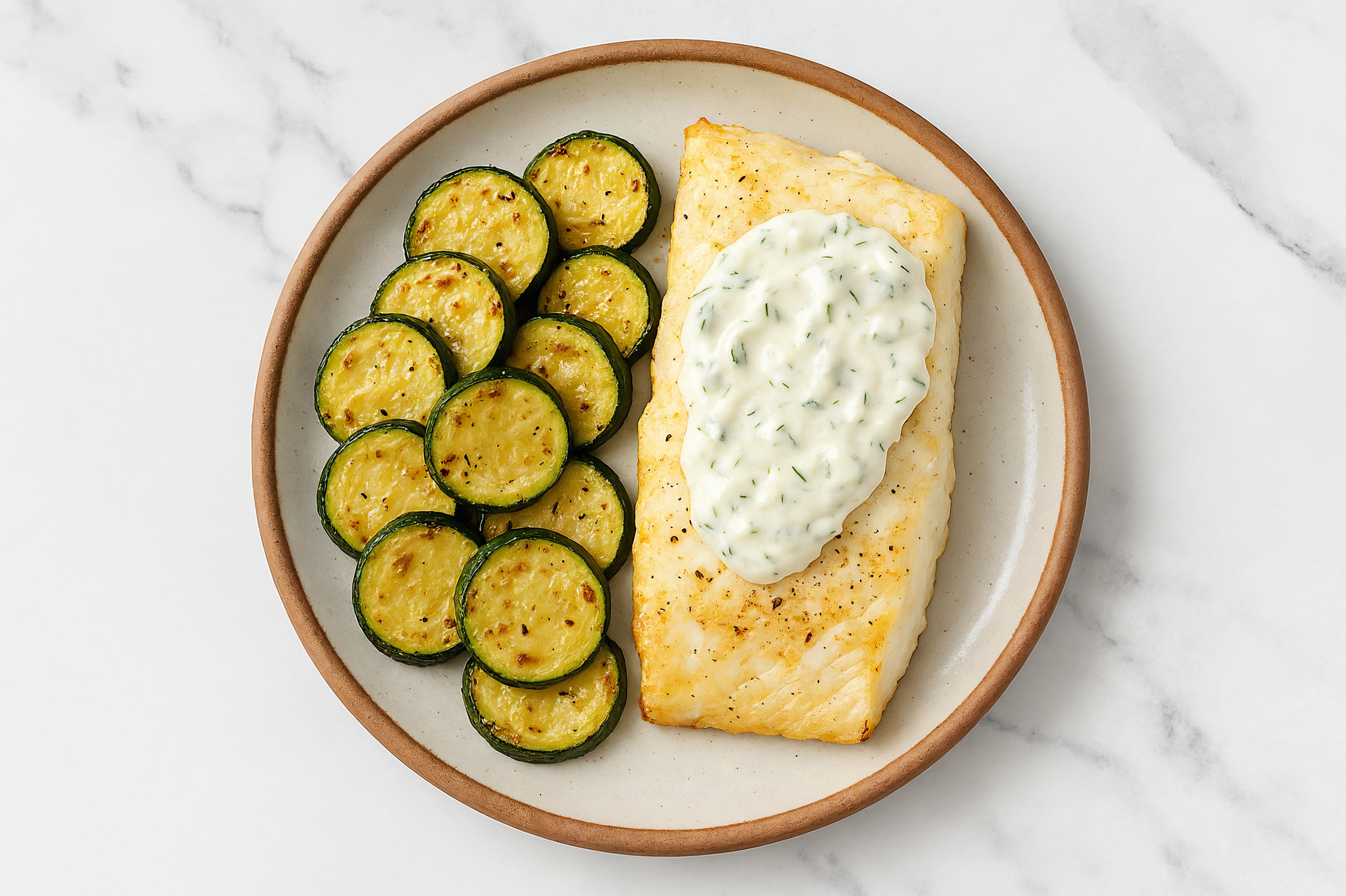 Oven Roasted Halibut with Tzatziki + Zucchini