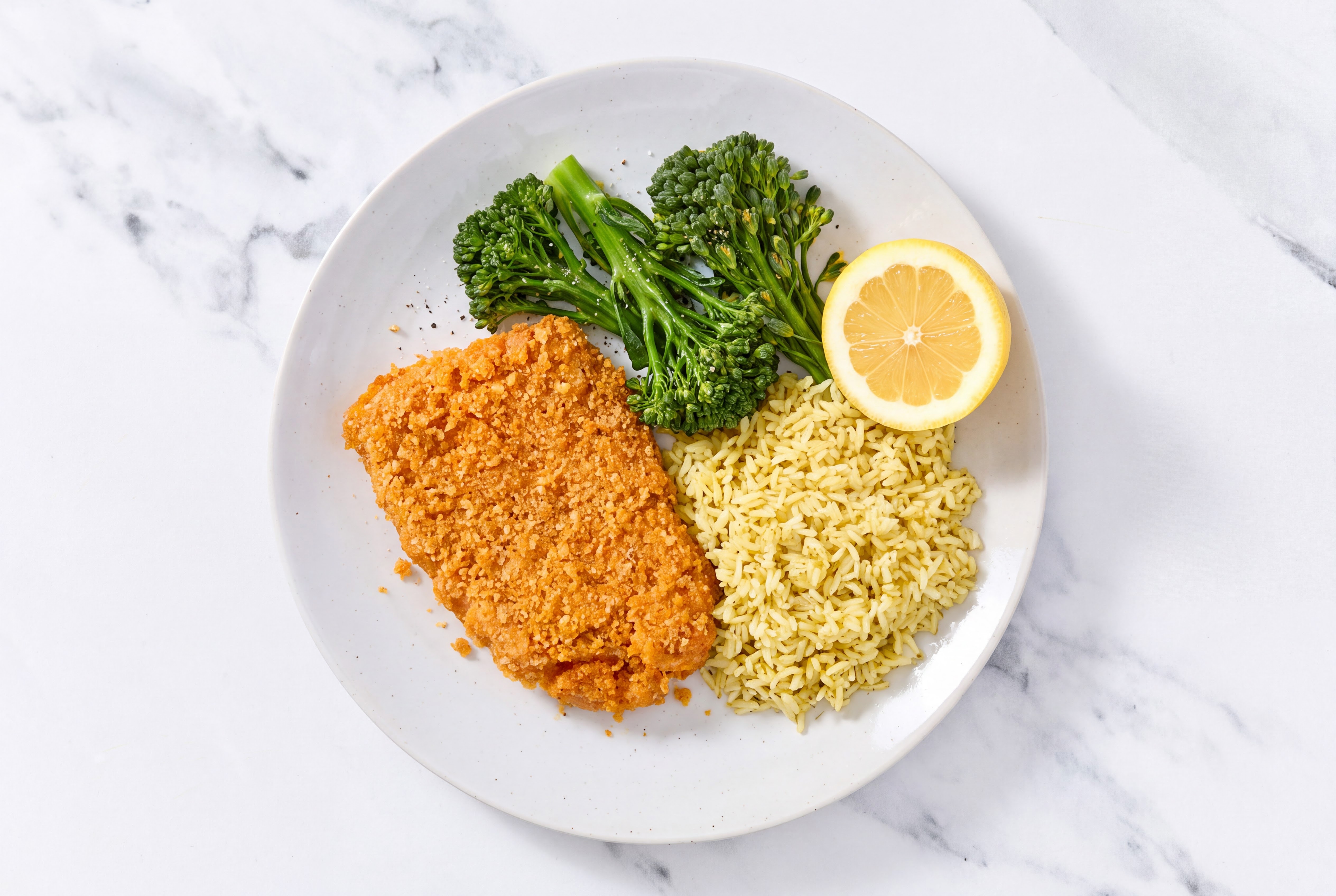 Lemon Hot Honey Breaded Chicken Cutlet with Baby Broccoli & Jasmine Rice