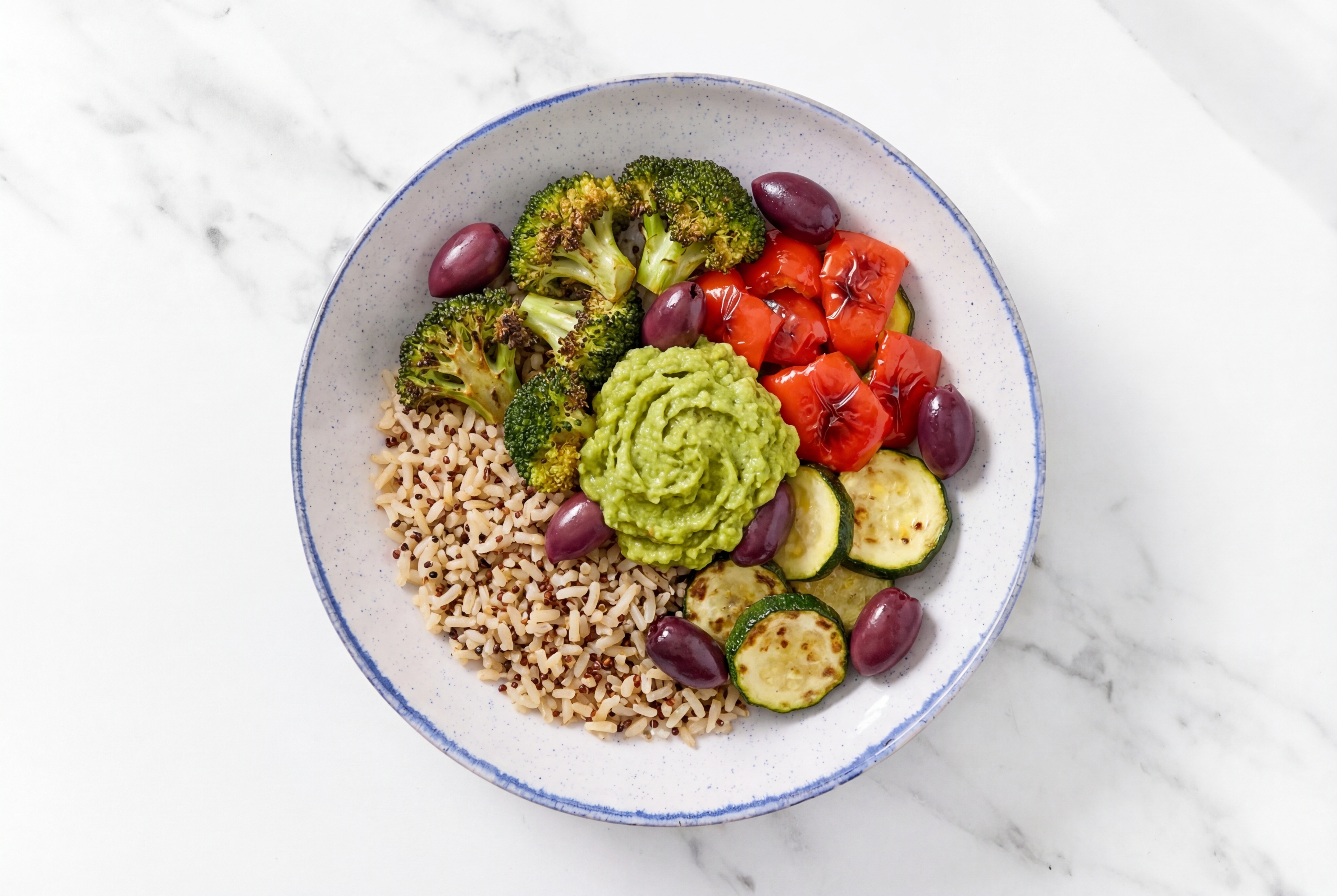 Roasted Veggie + Guacamole Rice Bowl with Broccoli Bunches