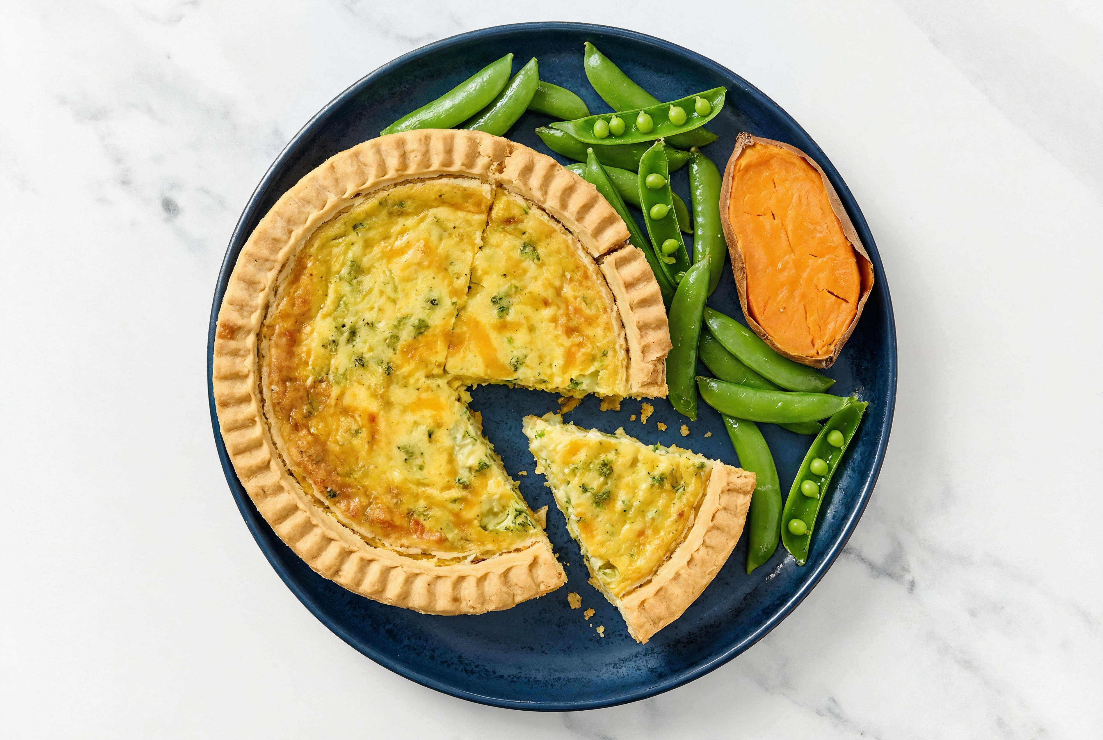 Broccoli & Cheddar Quiche with Snap Peas & Sweet Potato