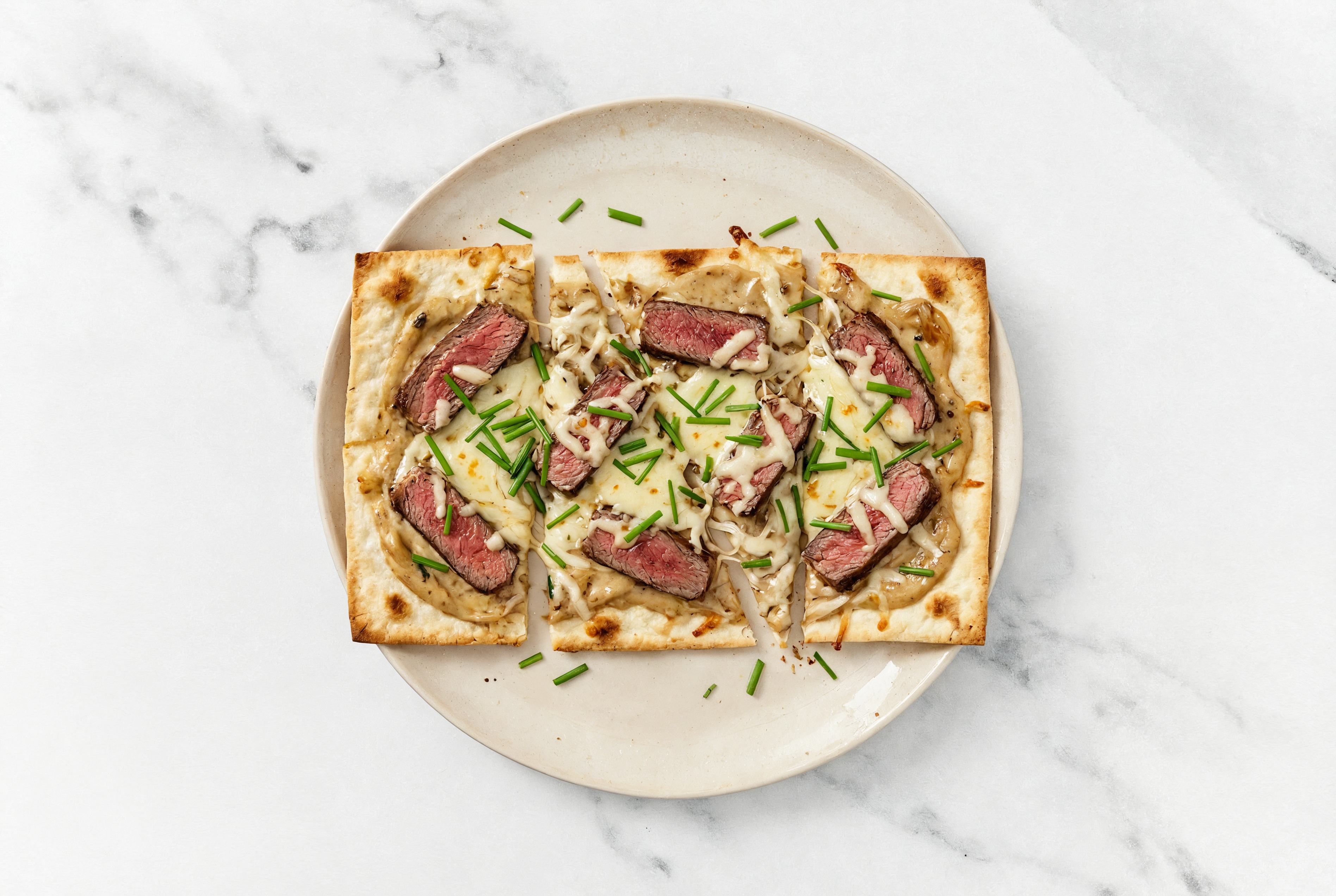 Sweet Onion Seasoned Sirloin Lavash Pizza with "Mozzarella" + Fresh Chives