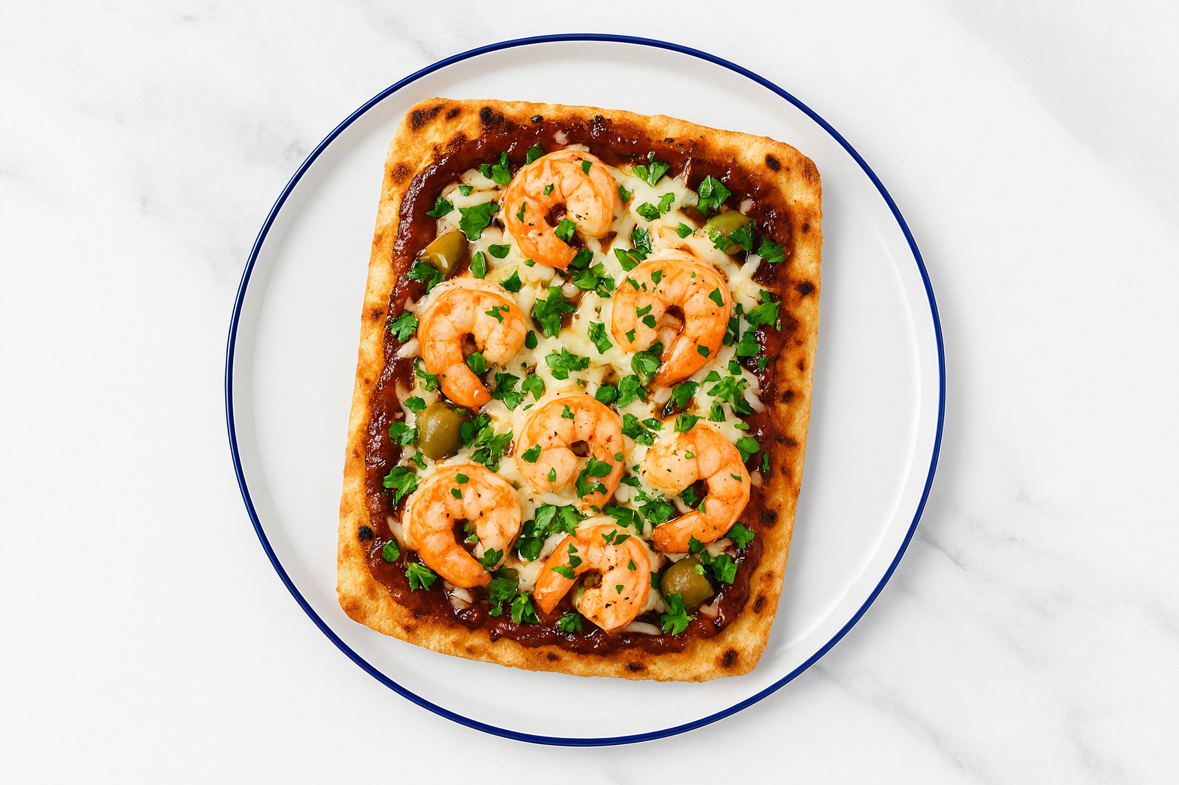 BBQ Shrimp + Green Olives Pizza with Parsley with Original BBQ