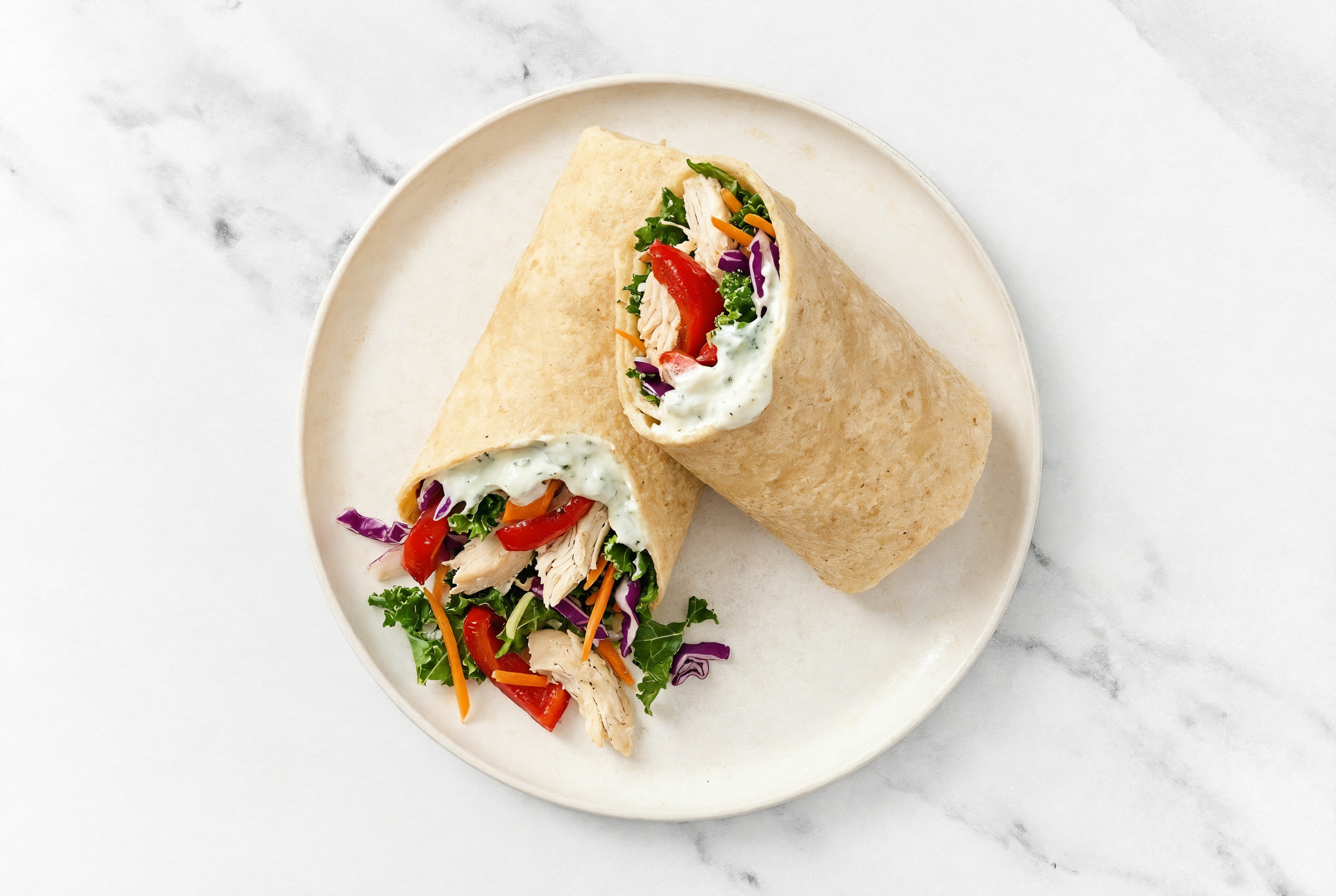 Tzatziki Pulled Chicken + Roasted Pepper Tortilla Wraps with Rainbow Veggies