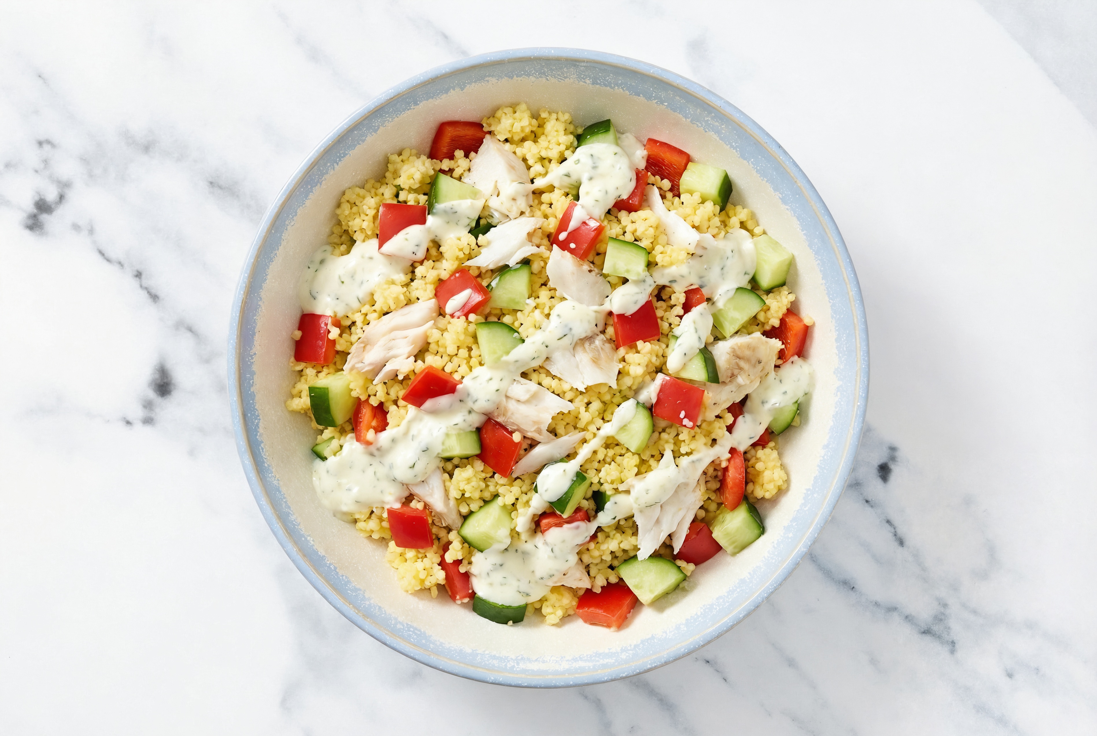 Seared Barramundi + Tzatziki Veggie Bliss Bowl with Red Bell Pepper
