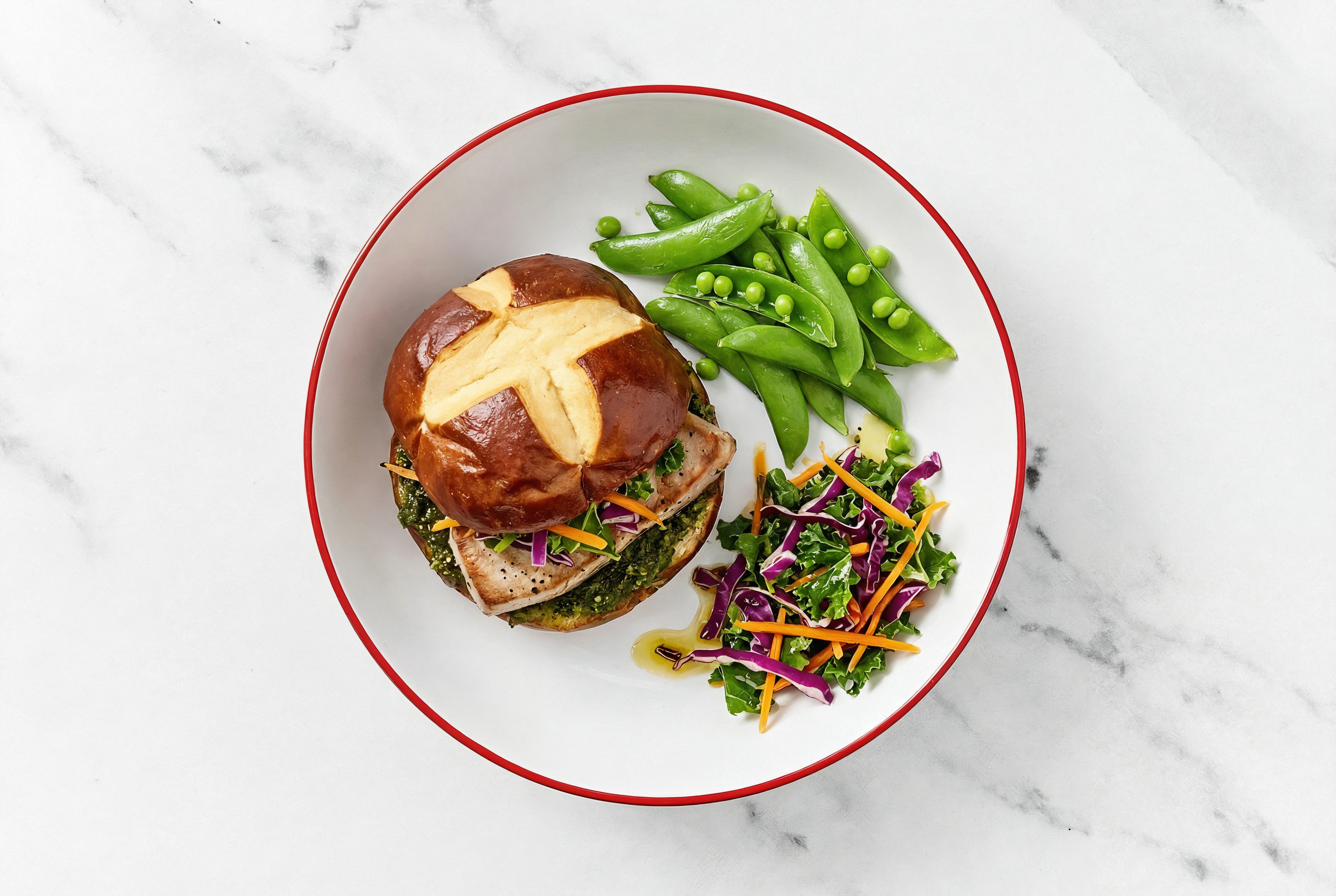 Pesto Tuna Sandwich on Pretzel Bun with Rainbow Veggies + Snap Peas