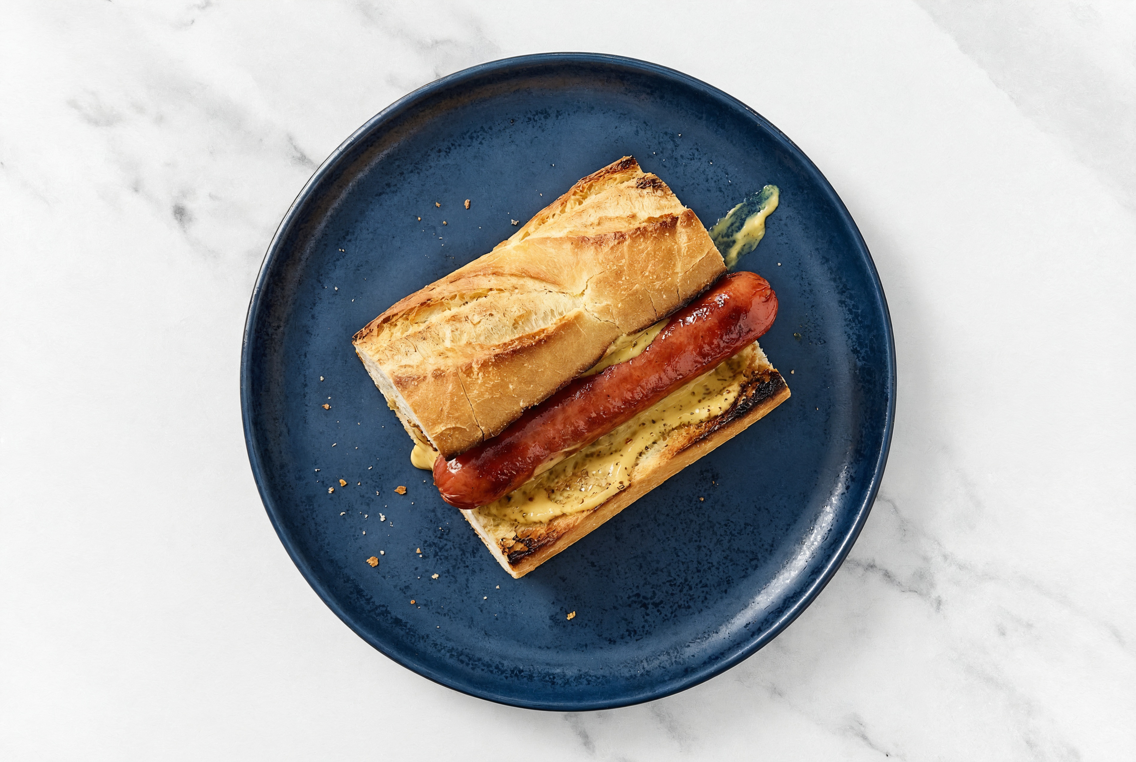 Beef Hot Dog with Honey Mustard on Baguette